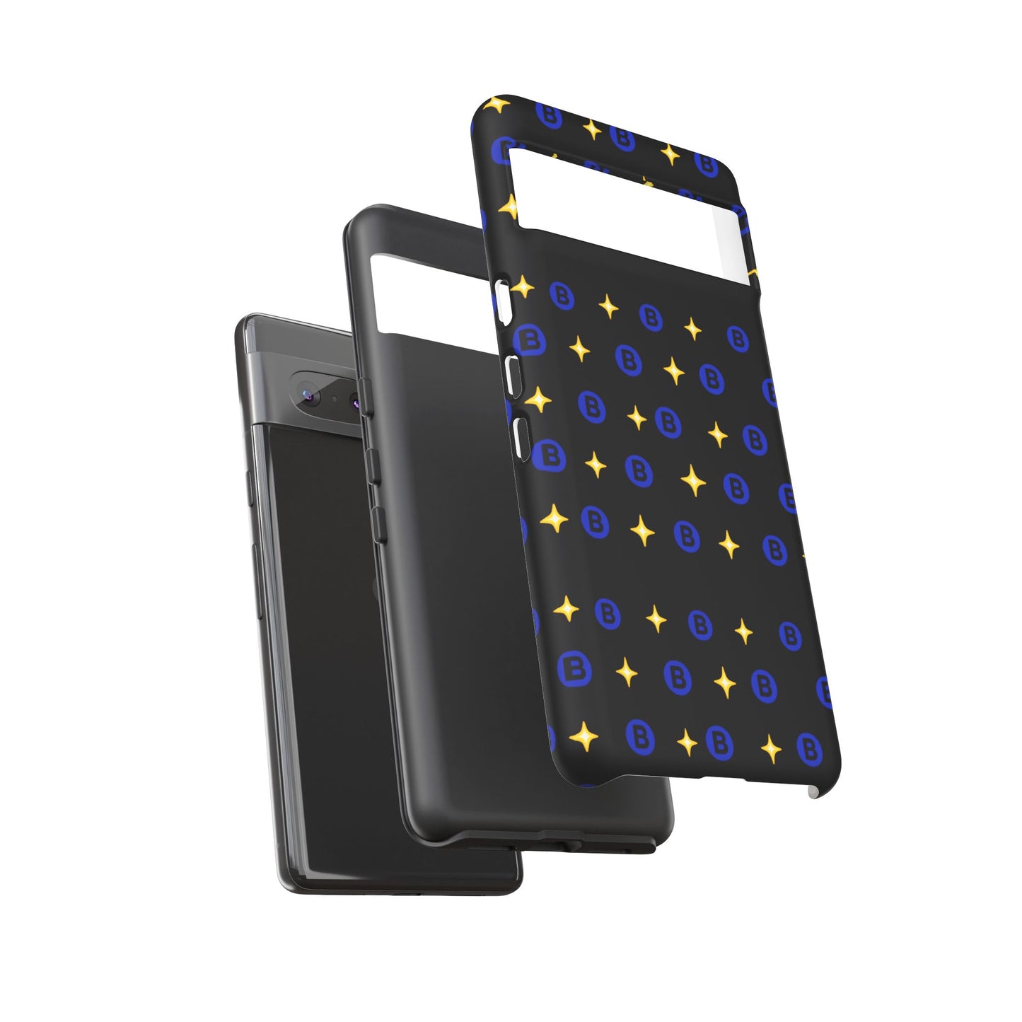 Bitcoin Pattern Tough Phone Case — Blue B Logo & Gold Stars Protective Cover