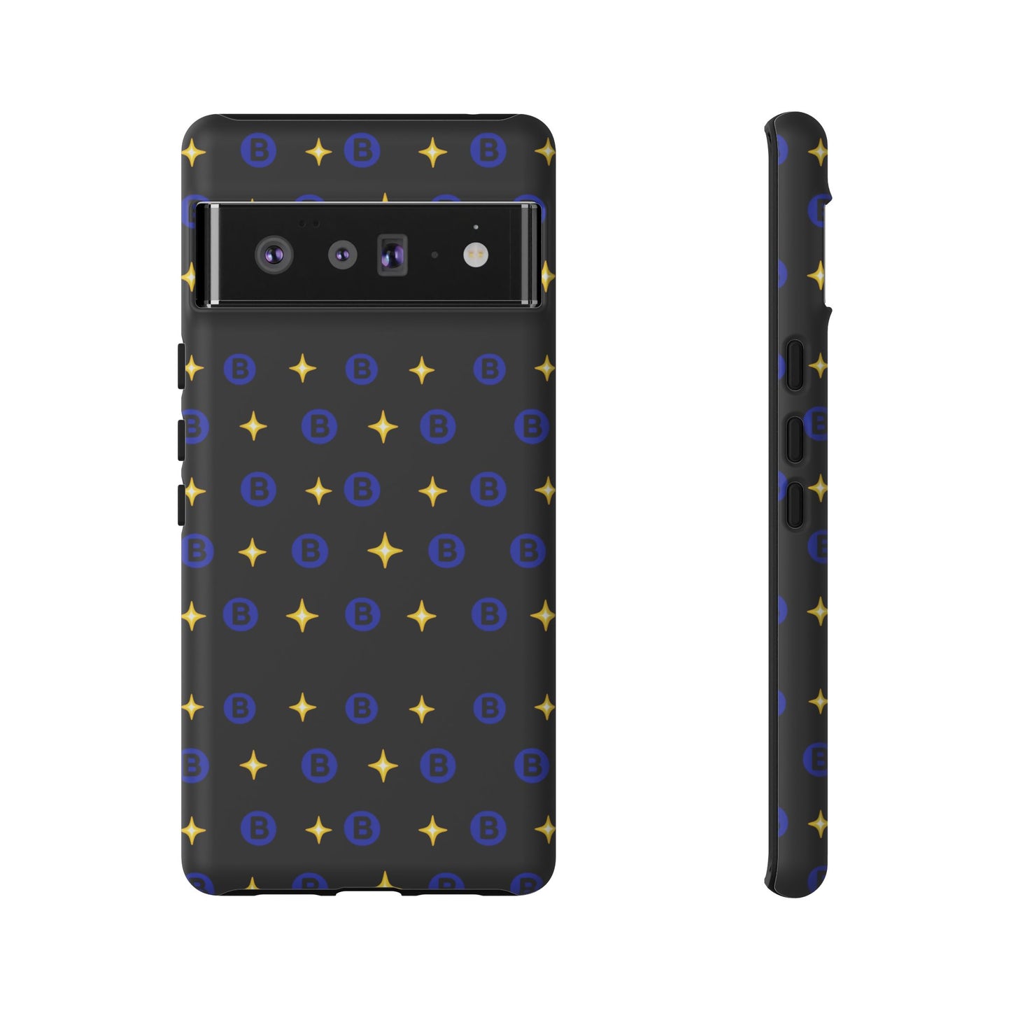 Bitcoin Pattern Tough Phone Case — Blue B Logo & Gold Stars Protective Cover