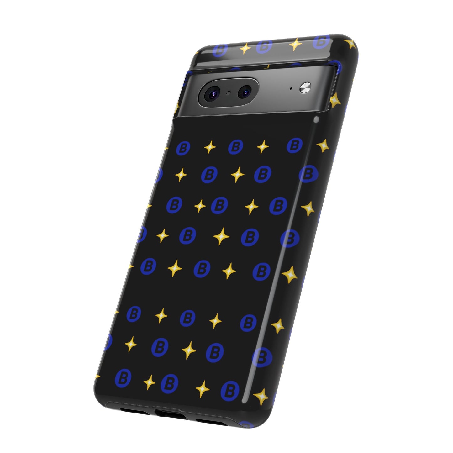 Bitcoin Pattern Tough Phone Case — Blue B Logo & Gold Stars Protective Cover