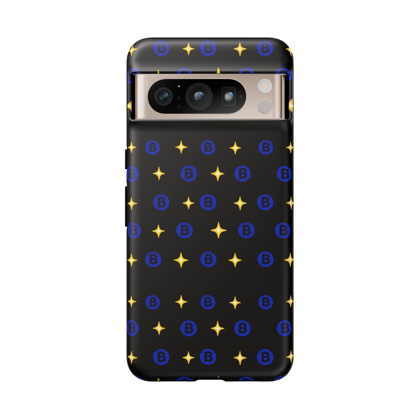 Bitcoin Pattern Tough Phone Case — Blue B Logo & Gold Stars Protective Cover