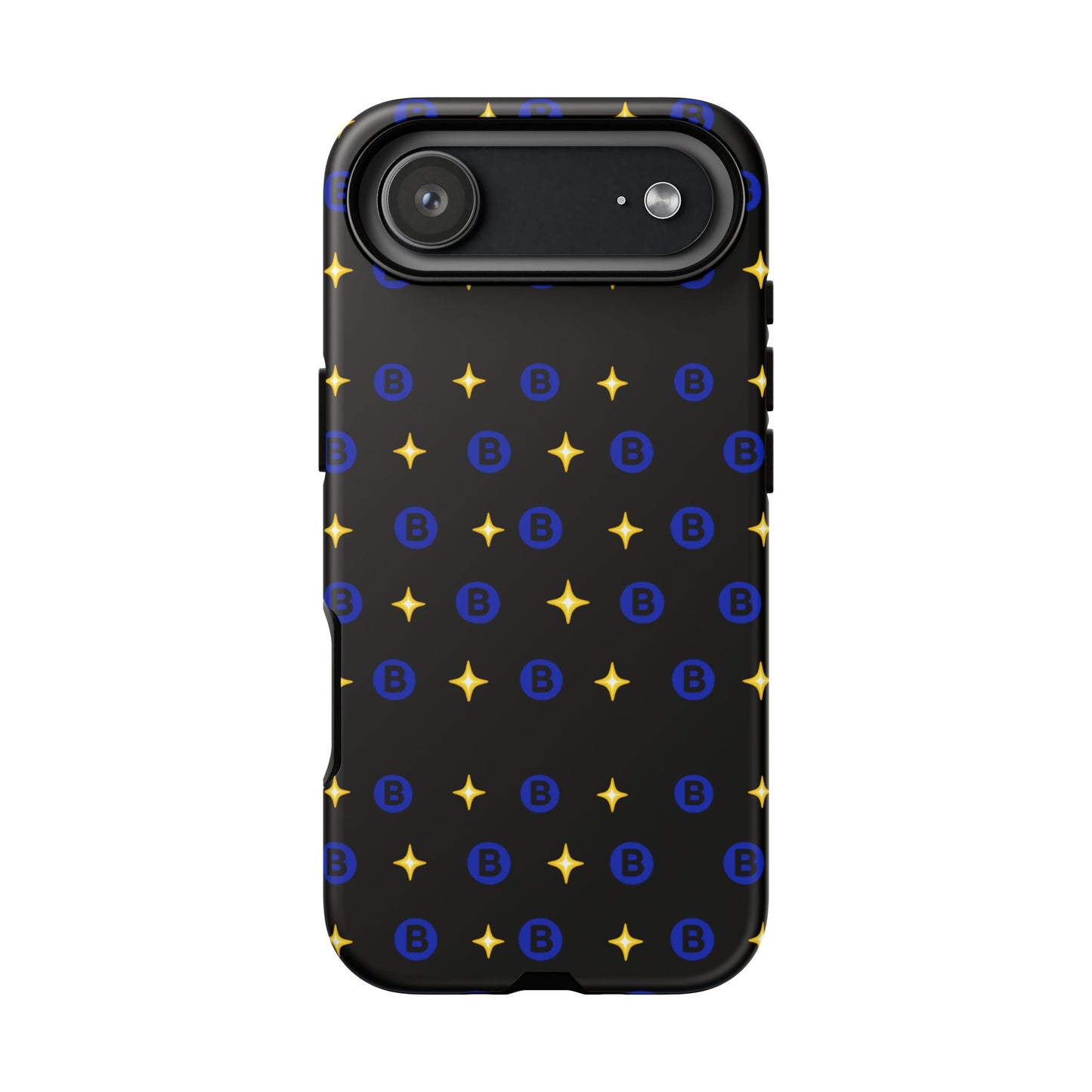 Bitcoin Pattern Tough Phone Case — Blue B Logo & Gold Stars Protective Cover