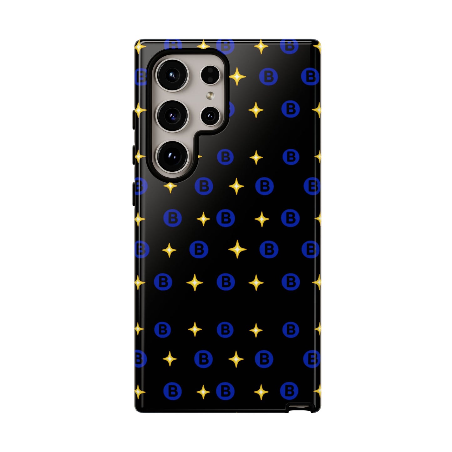 Bitcoin Pattern Tough Phone Case — Blue B Logo & Gold Stars Protective Cover