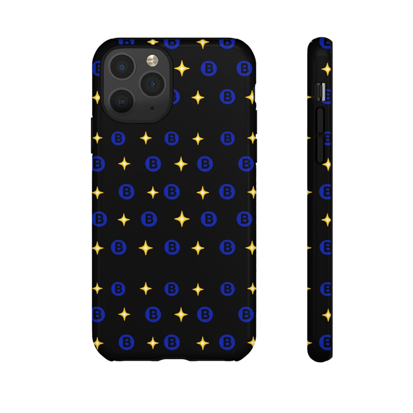 Bitcoin Pattern Tough Phone Case — Blue B Logo & Gold Stars Protective Cover