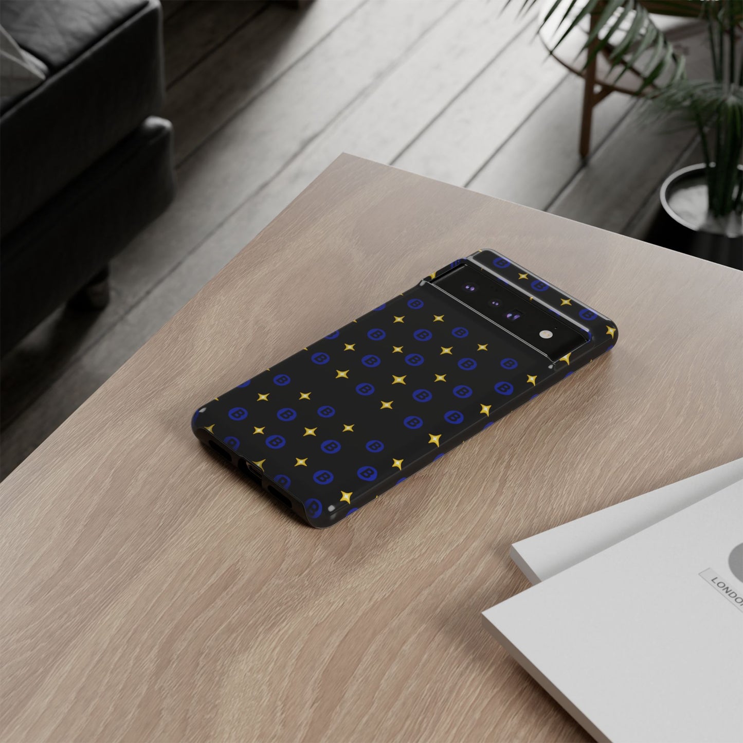 Bitcoin Pattern Tough Phone Case — Blue B Logo & Gold Stars Protective Cover