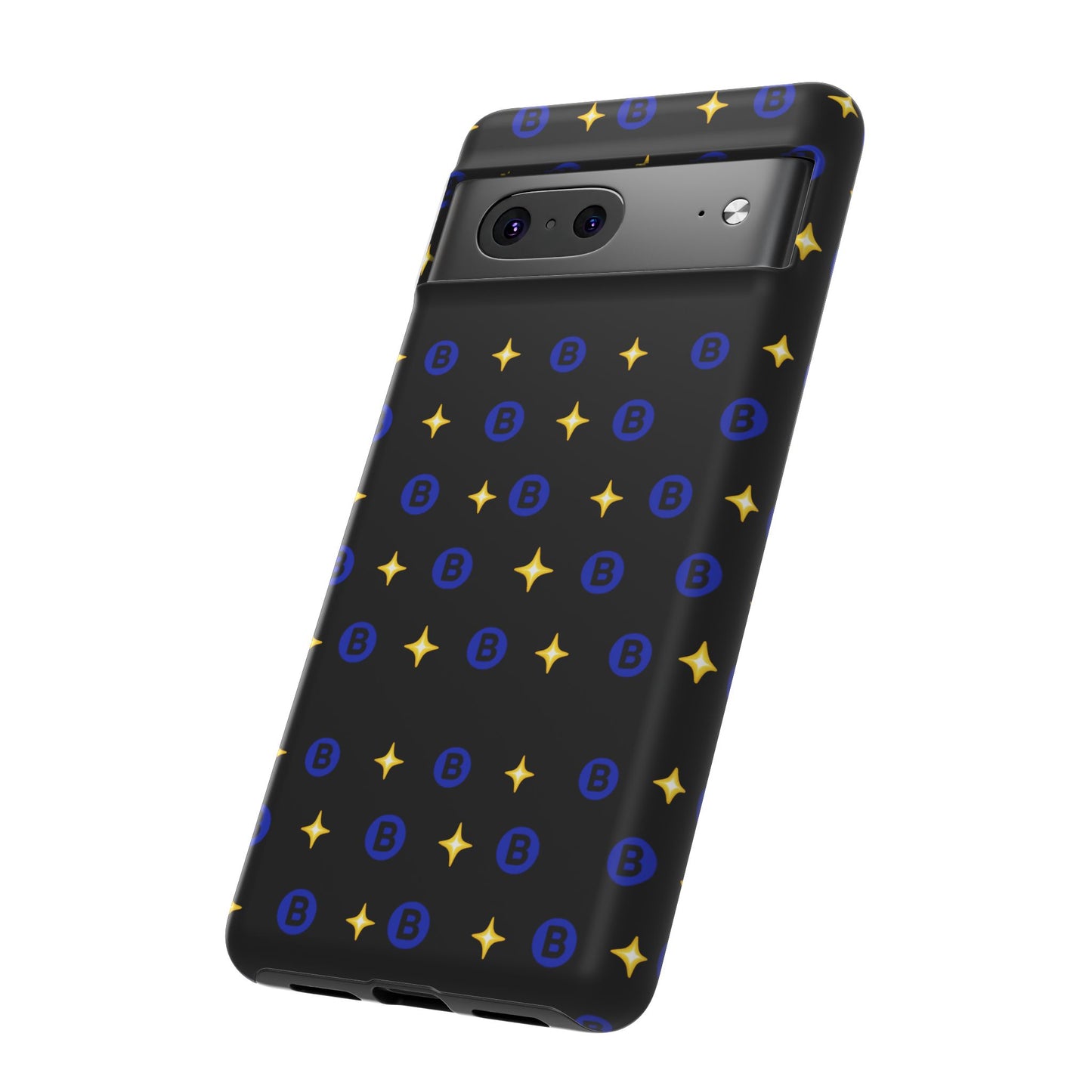 Bitcoin Pattern Tough Phone Case — Blue B Logo & Gold Stars Protective Cover