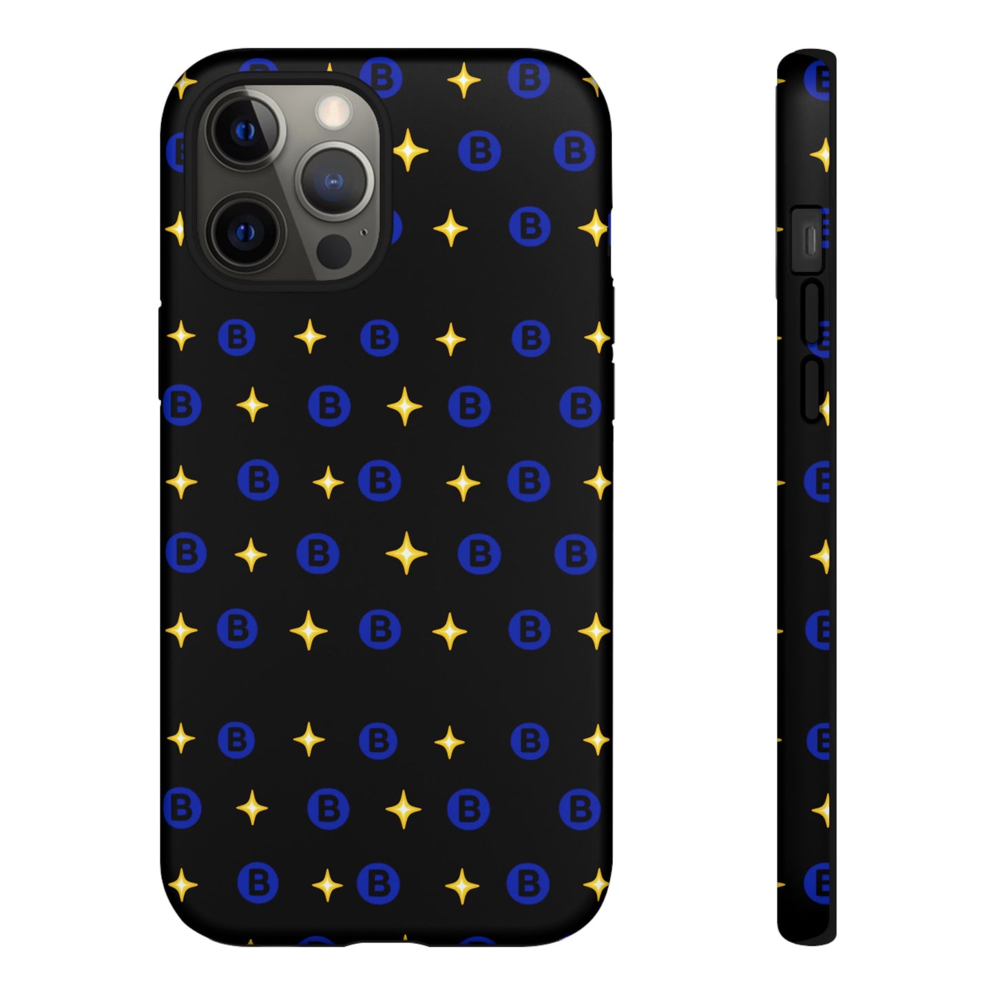 Bitcoin Pattern Tough Phone Case — Blue B Logo & Gold Stars Protective Cover