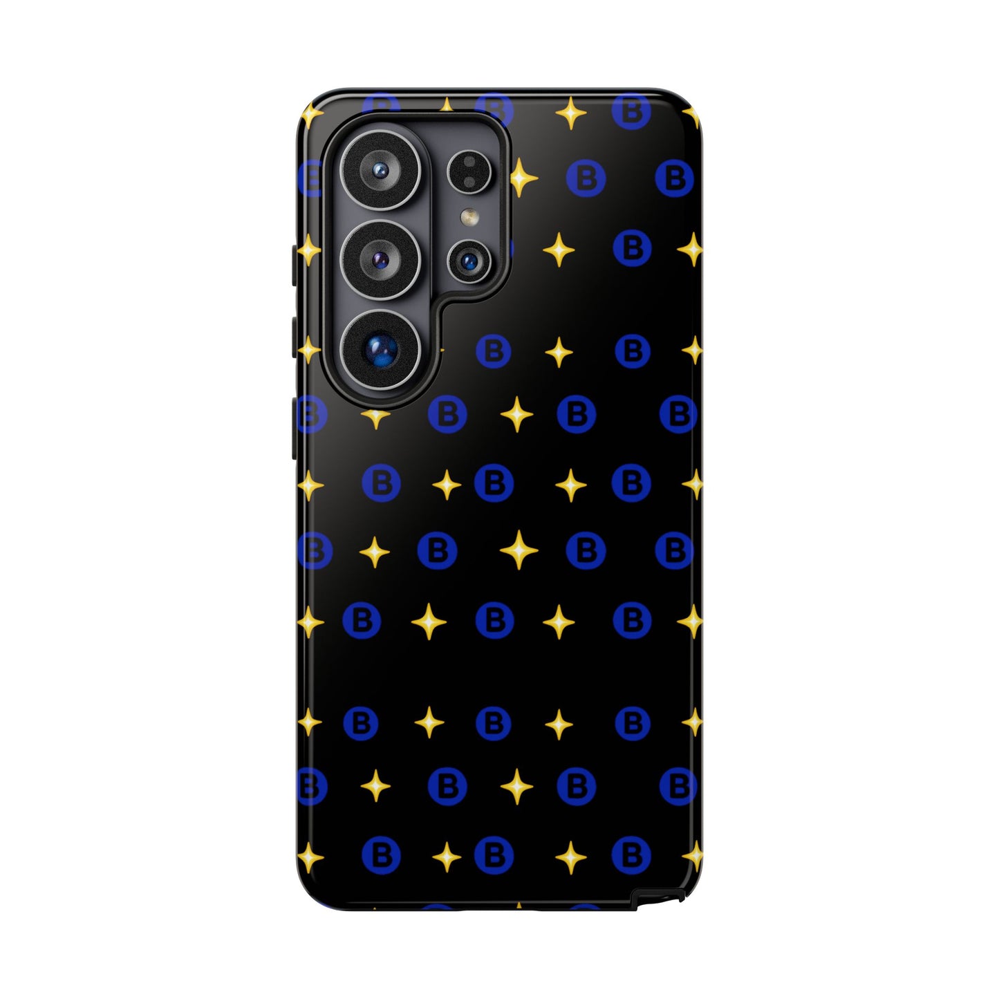 Bitcoin Pattern Tough Phone Case — Blue B Logo & Gold Stars Protective Cover