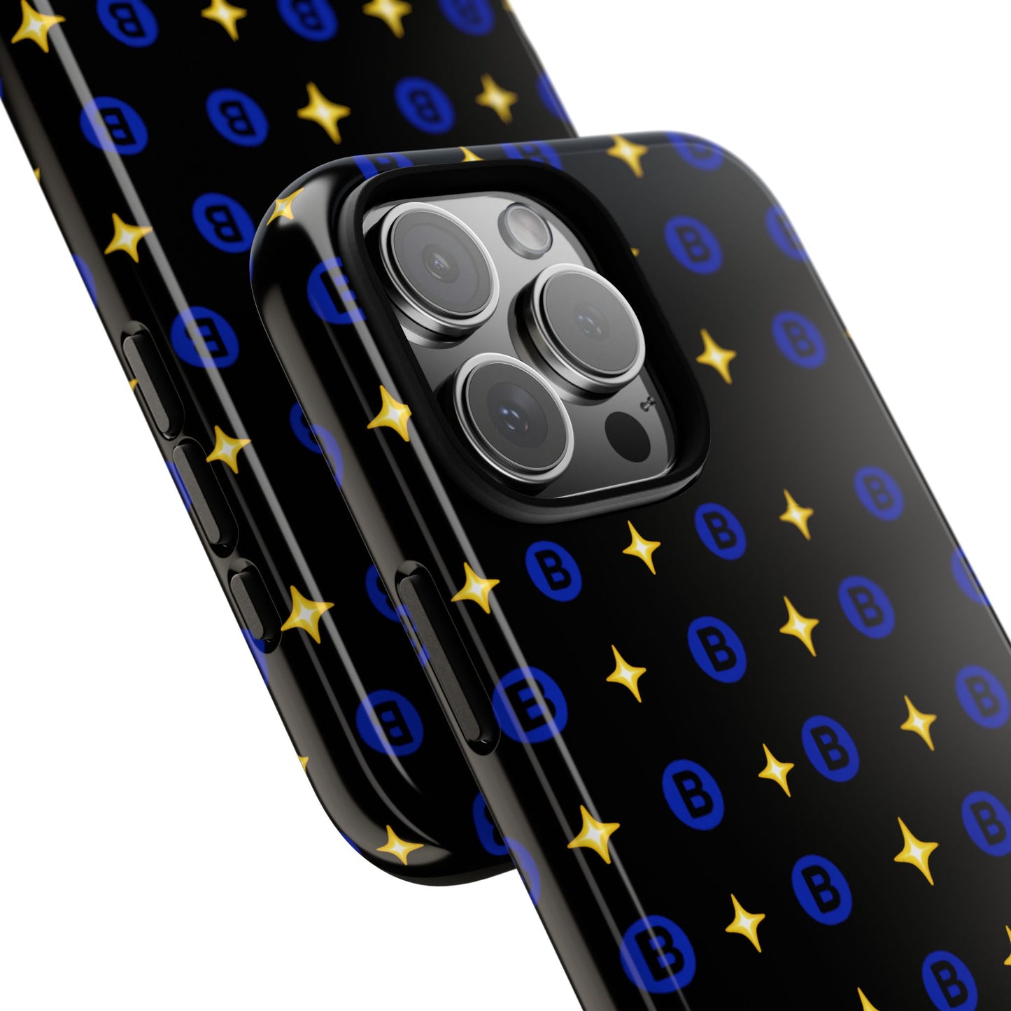 Bitcoin Pattern Tough Phone Case — Blue B Logo & Gold Stars Protective Cover