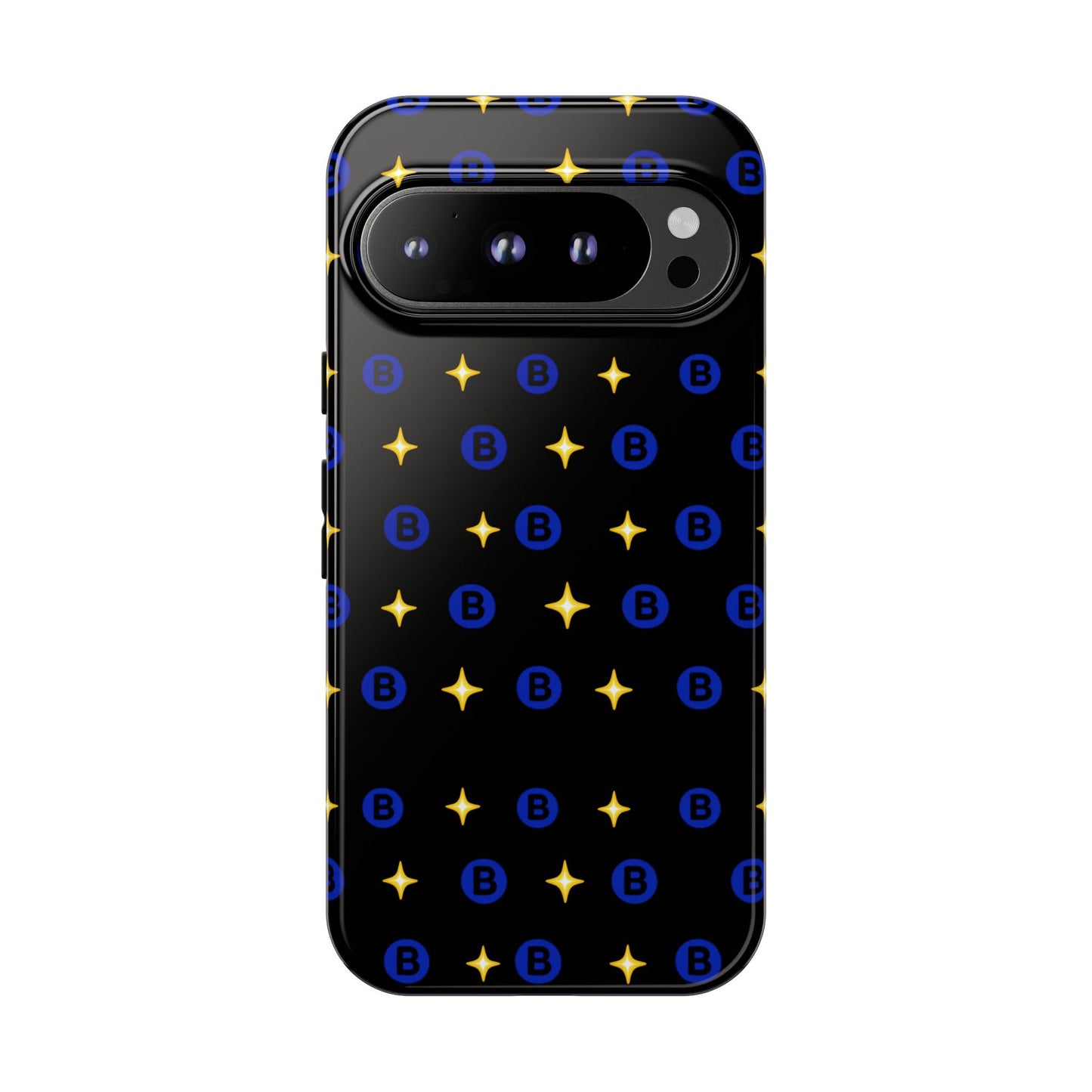 Bitcoin Pattern Tough Phone Case — Blue B Logo & Gold Stars Protective Cover