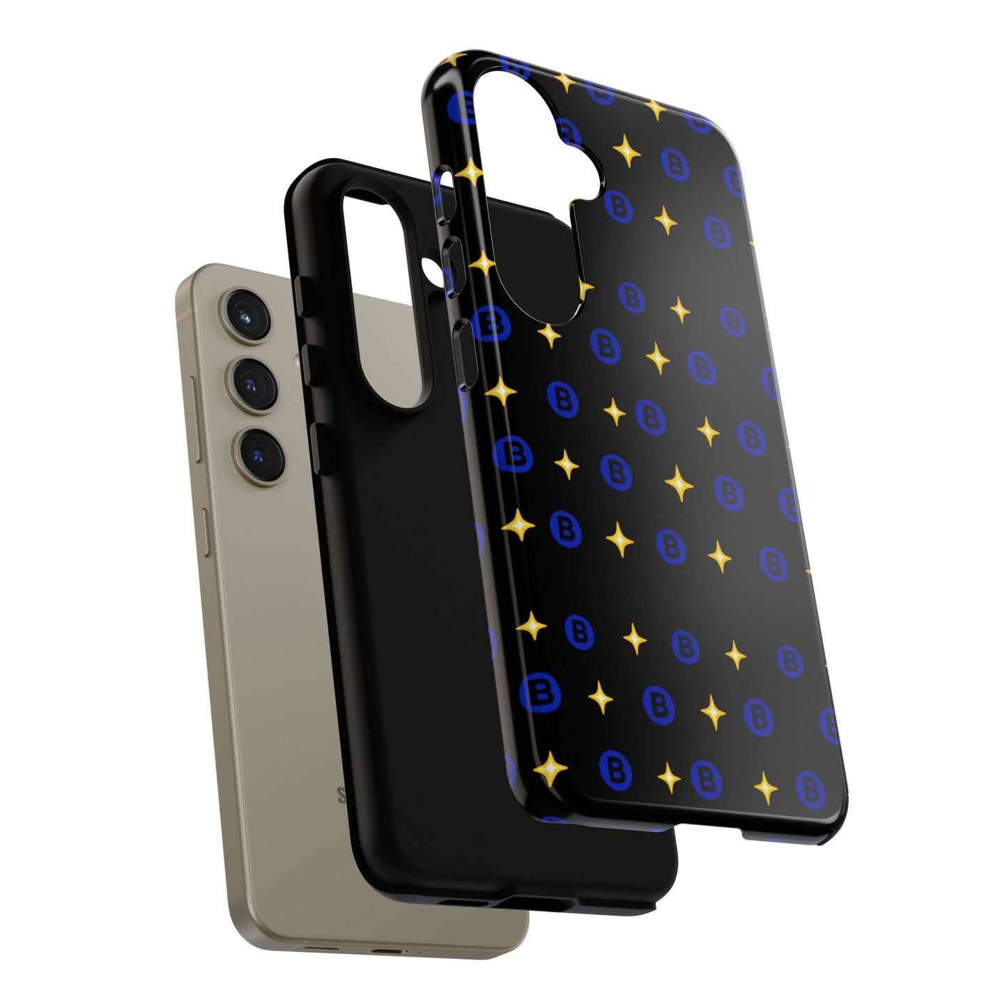 Bitcoin Pattern Tough Phone Case — Blue B Logo & Gold Stars Protective Cover