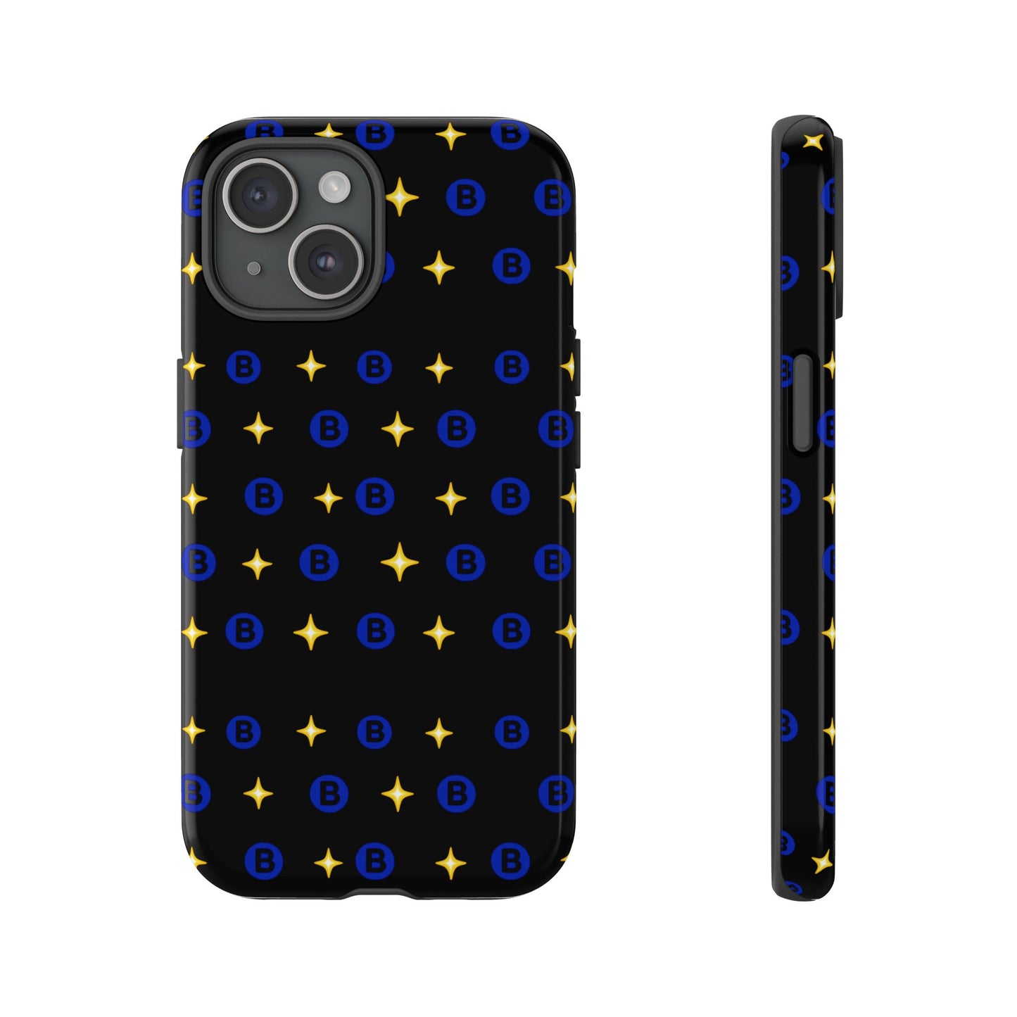 Bitcoin Pattern Tough Phone Case — Blue B Logo & Gold Stars Protective Cover