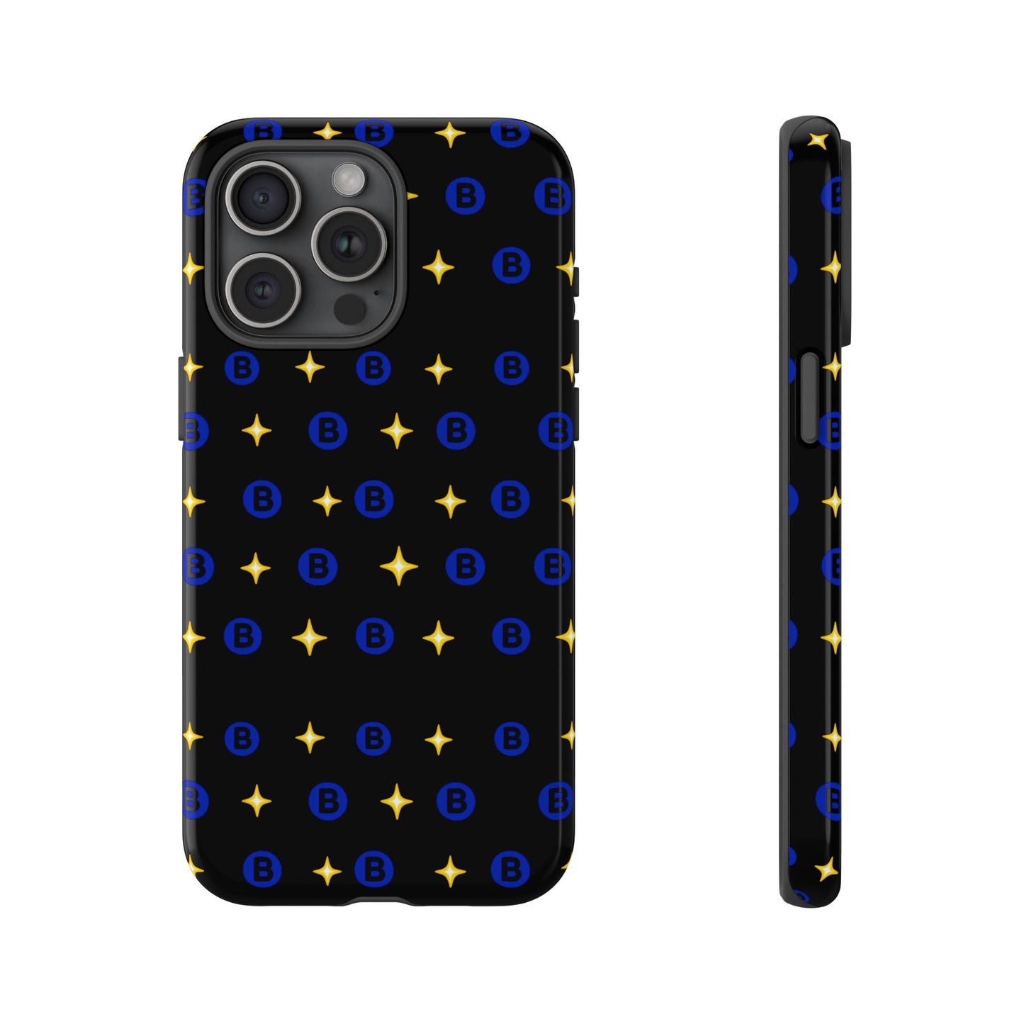 Bitcoin Pattern Tough Phone Case — Blue B Logo & Gold Stars Protective Cover