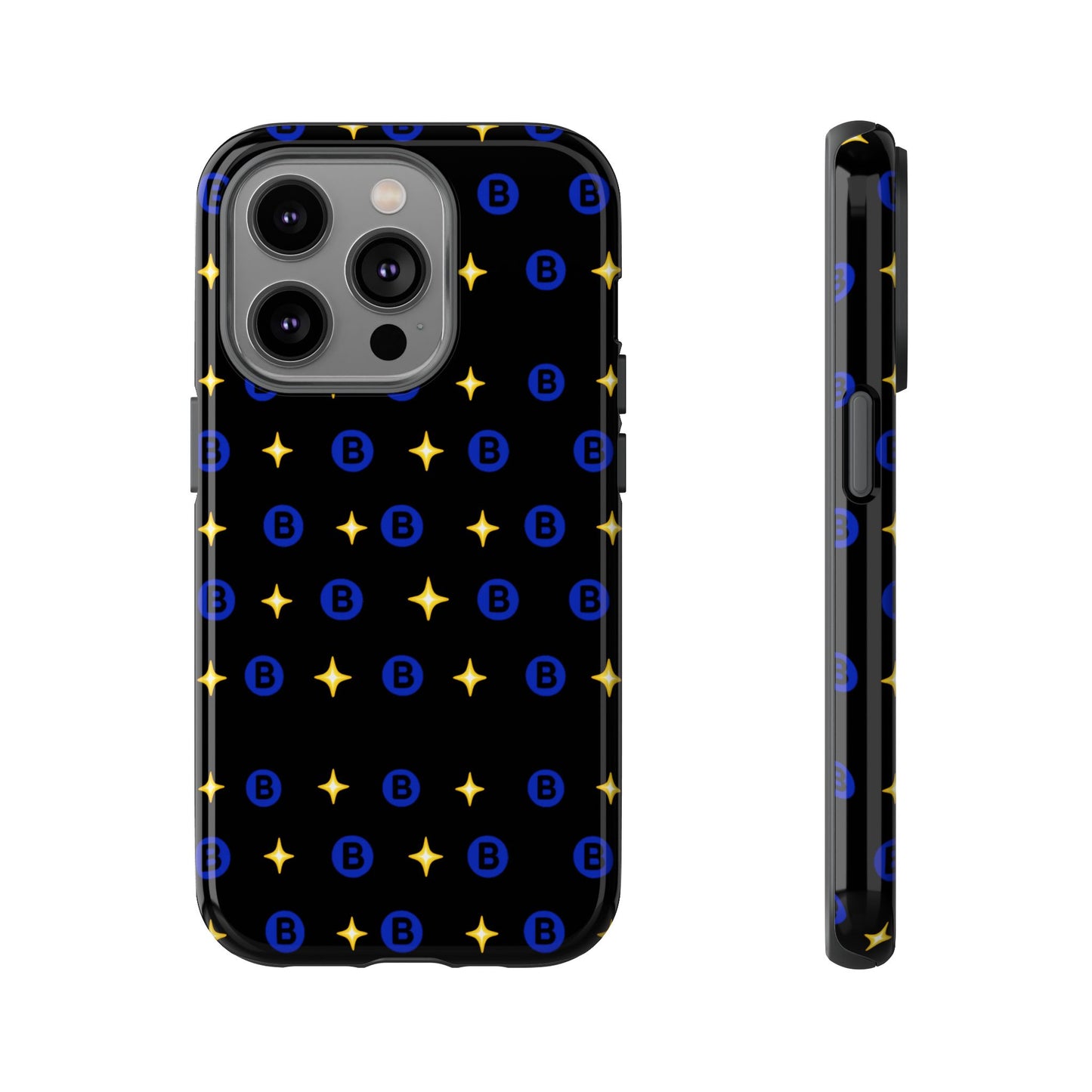 Bitcoin Pattern Tough Phone Case — Blue B Logo & Gold Stars Protective Cover