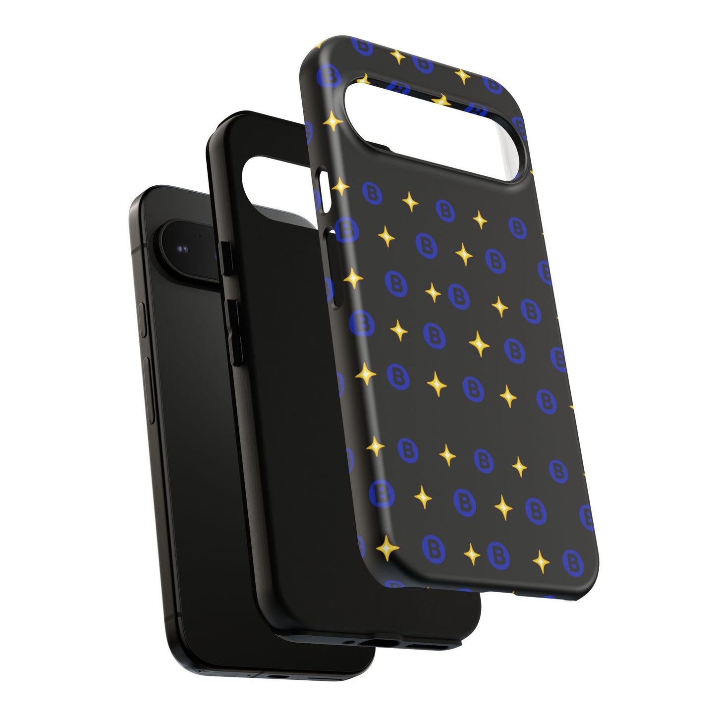 Bitcoin Pattern Tough Phone Case — Blue B Logo & Gold Stars Protective Cover