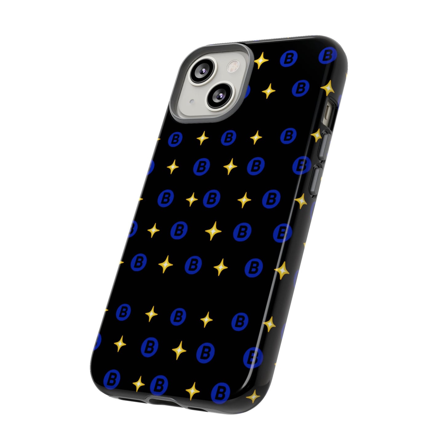 Bitcoin Pattern Tough Phone Case — Blue B Logo & Gold Stars Protective Cover