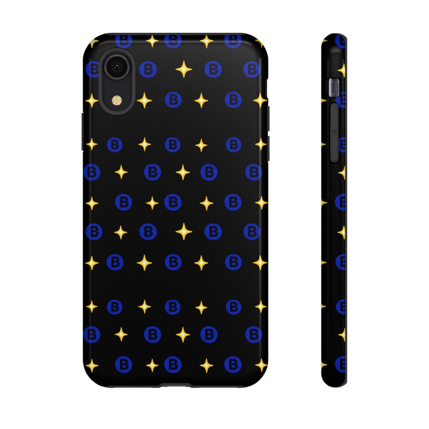 Bitcoin Pattern Tough Phone Case — Blue B Logo & Gold Stars Protective Cover