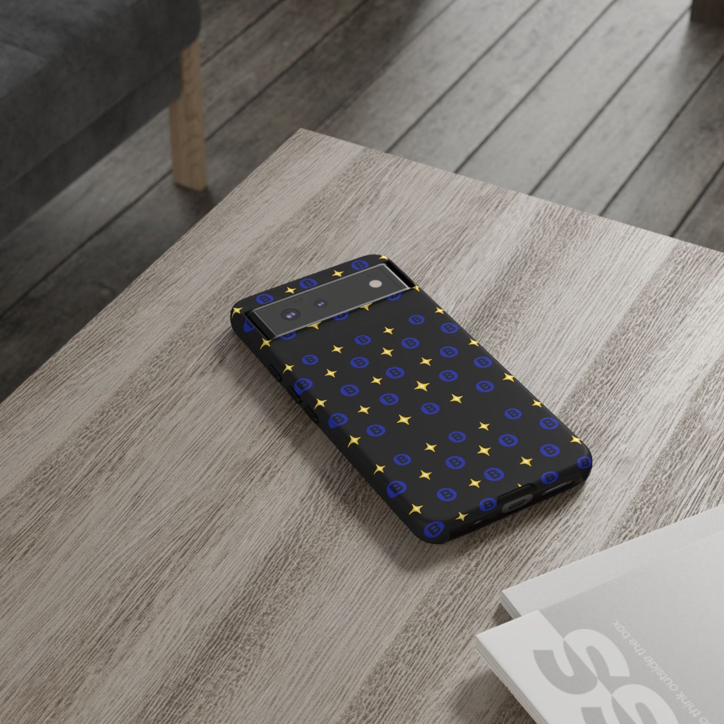 Bitcoin Pattern Tough Phone Case — Blue B Logo & Gold Stars Protective Cover
