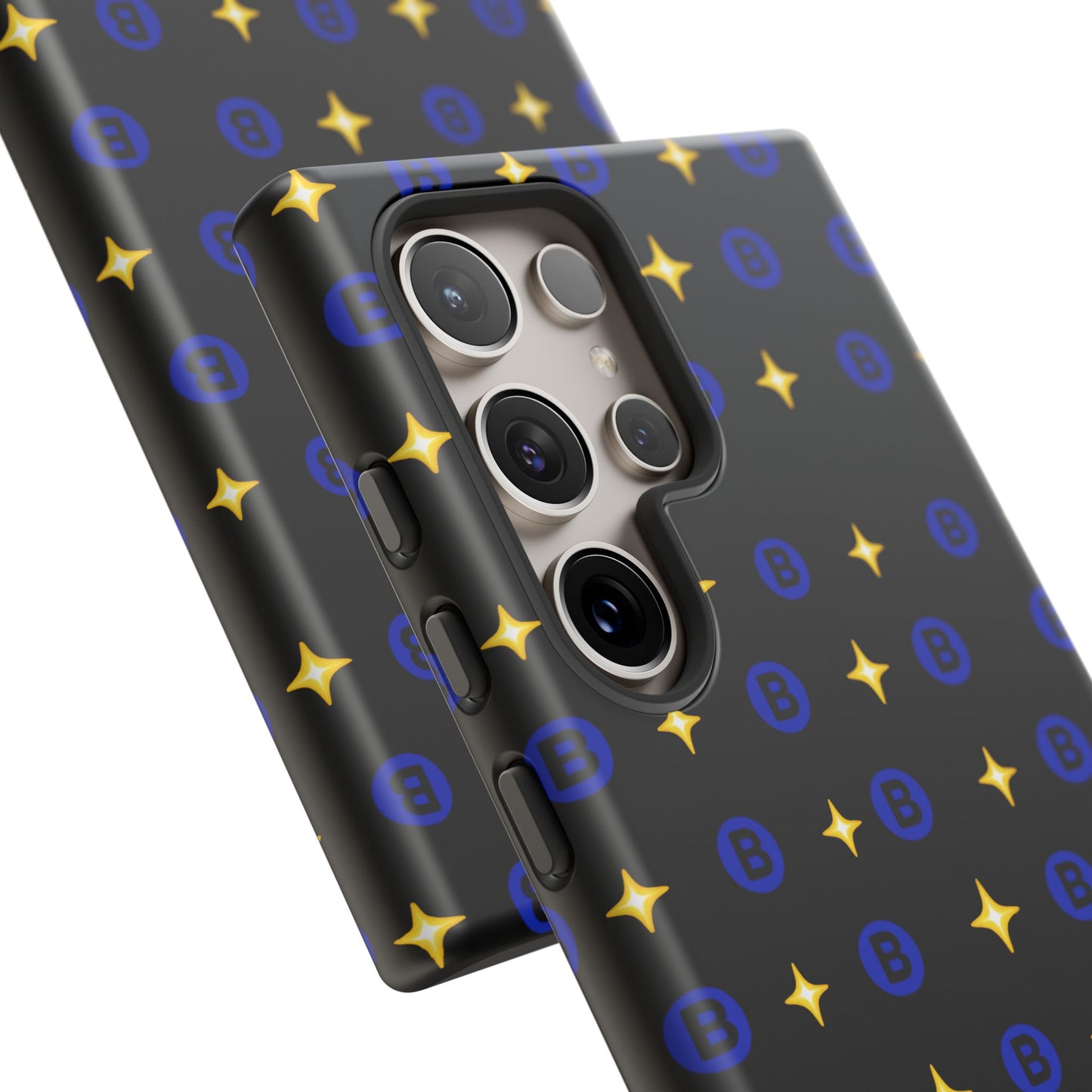Bitcoin Pattern Tough Phone Case — Blue B Logo & Gold Stars Protective Cover