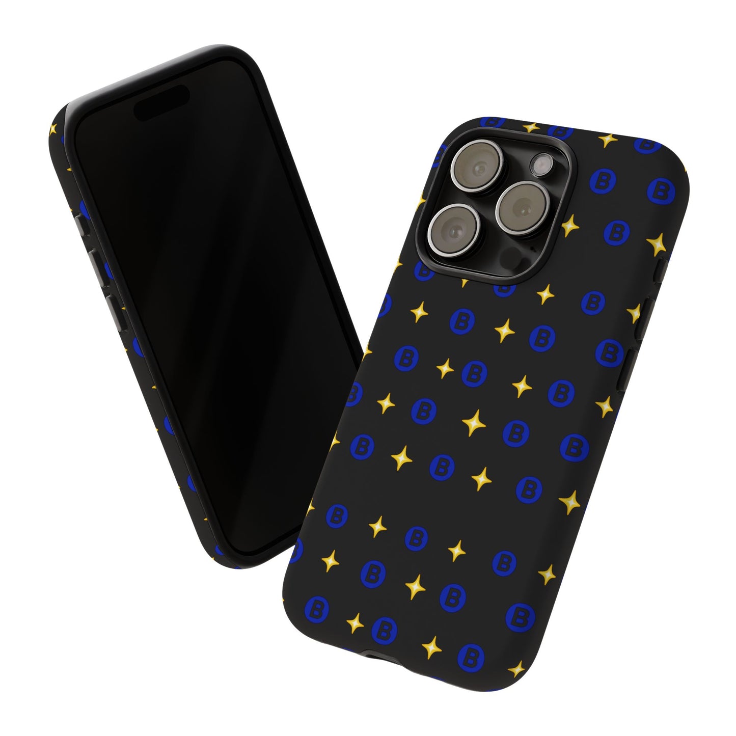Bitcoin Pattern Tough Phone Case — Blue B Logo & Gold Stars Protective Cover