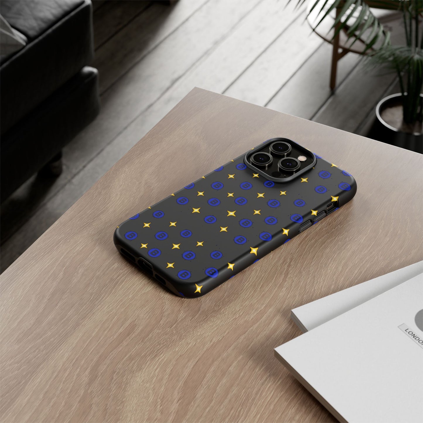 Bitcoin Pattern Tough Phone Case — Blue B Logo & Gold Stars Protective Cover