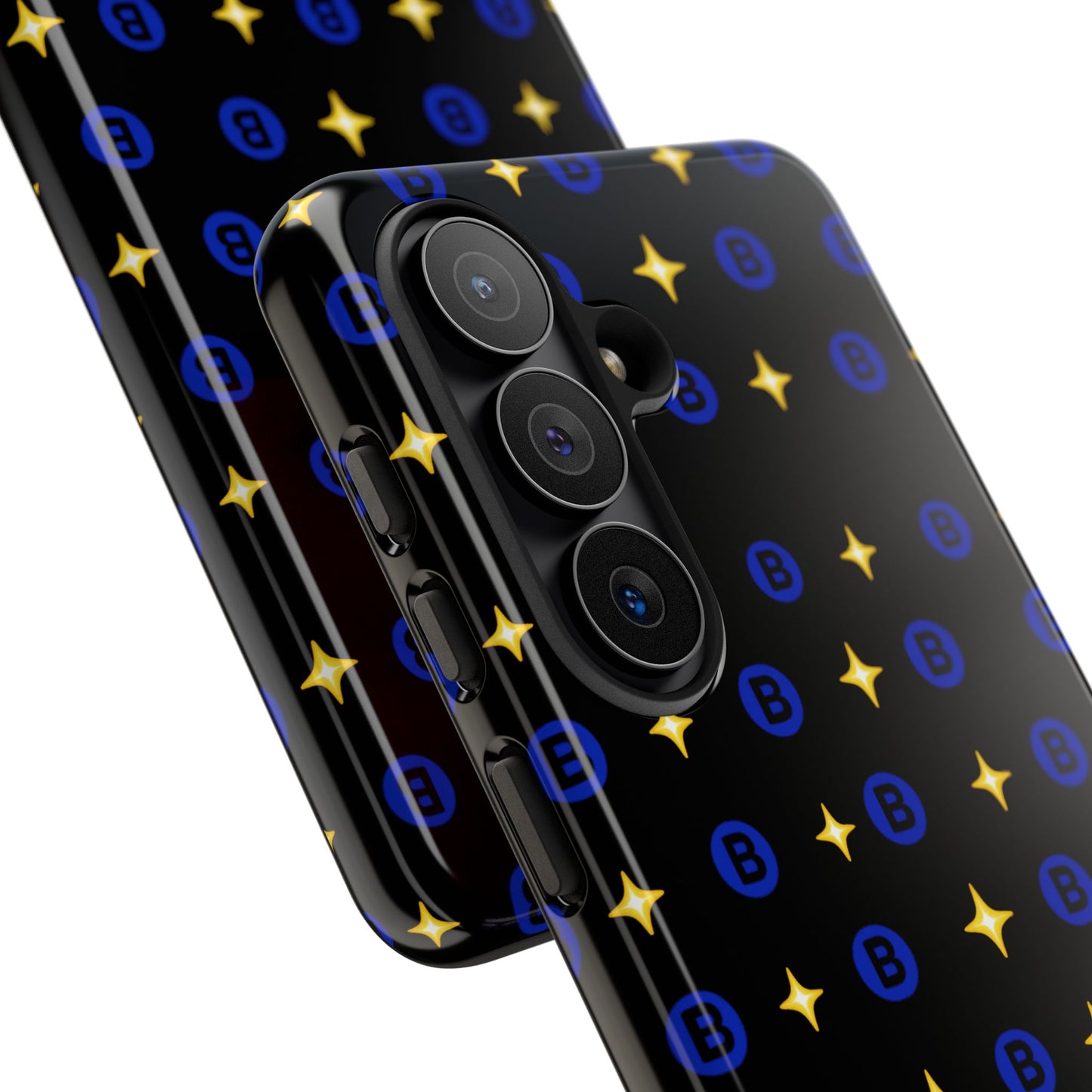 Bitcoin Pattern Tough Phone Case — Blue B Logo & Gold Stars Protective Cover