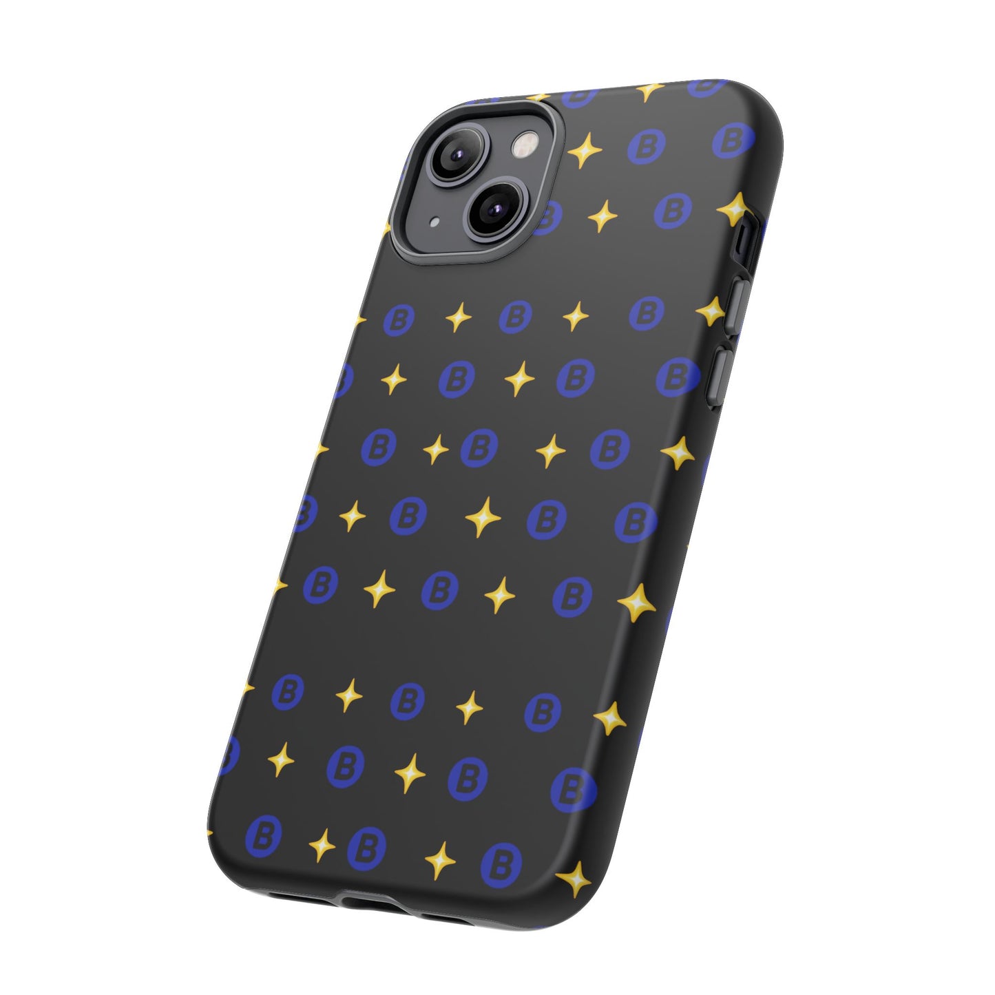 Bitcoin Pattern Tough Phone Case — Blue B Logo & Gold Stars Protective Cover