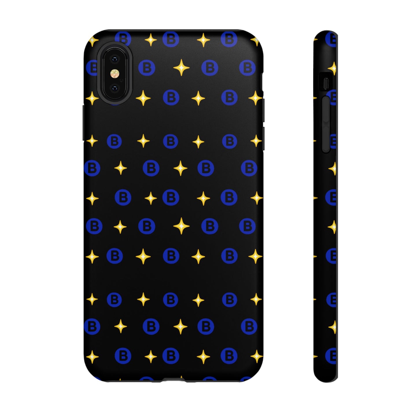 Bitcoin Pattern Tough Phone Case — Blue B Logo & Gold Stars Protective Cover