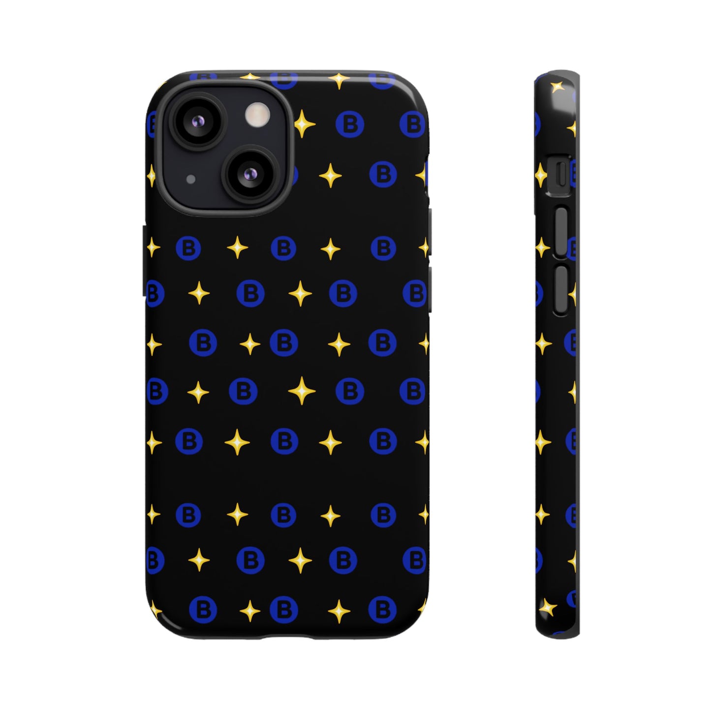 Bitcoin Pattern Tough Phone Case — Blue B Logo & Gold Stars Protective Cover