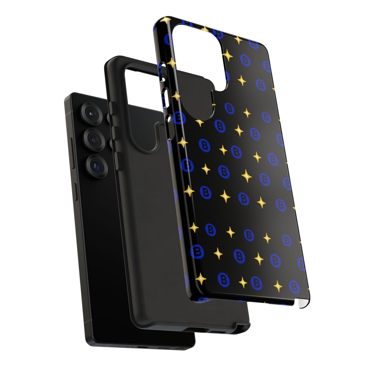 Bitcoin Pattern Tough Phone Case — Blue B Logo & Gold Stars Protective Cover