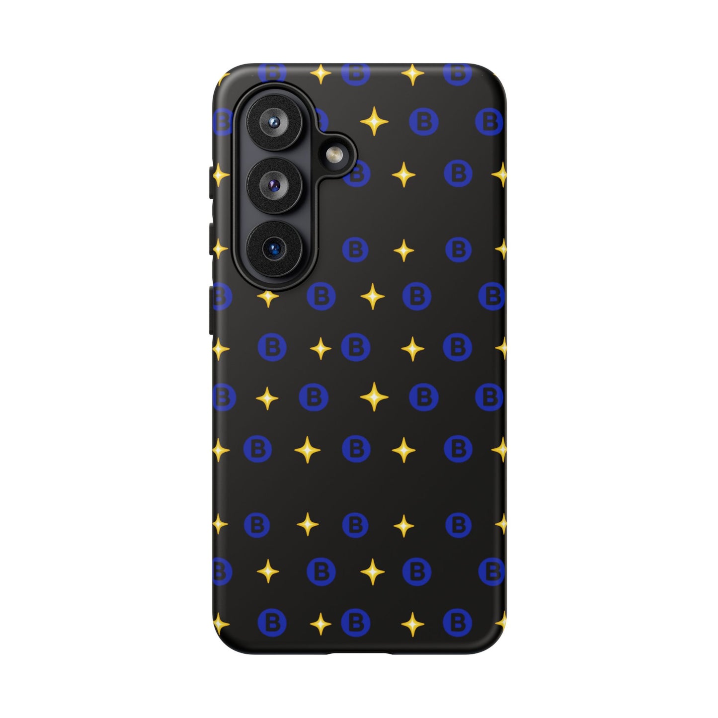 Bitcoin Pattern Tough Phone Case — Blue B Logo & Gold Stars Protective Cover