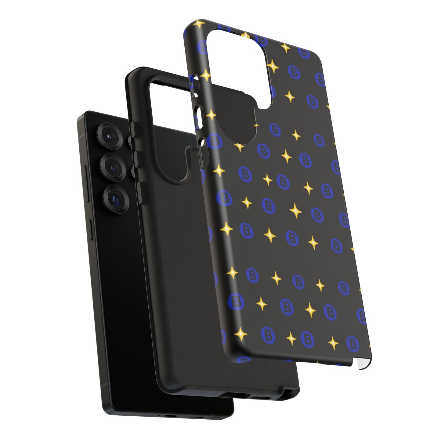 Bitcoin Pattern Tough Phone Case — Blue B Logo & Gold Stars Protective Cover