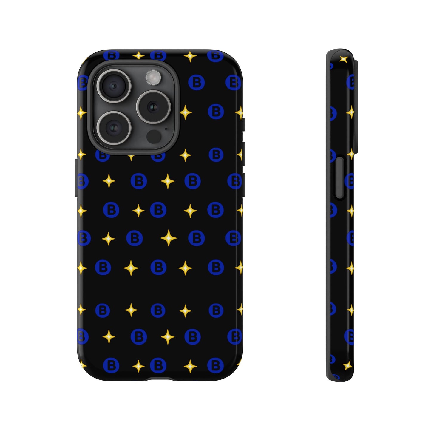 Bitcoin Pattern Tough Phone Case — Blue B Logo & Gold Stars Protective Cover