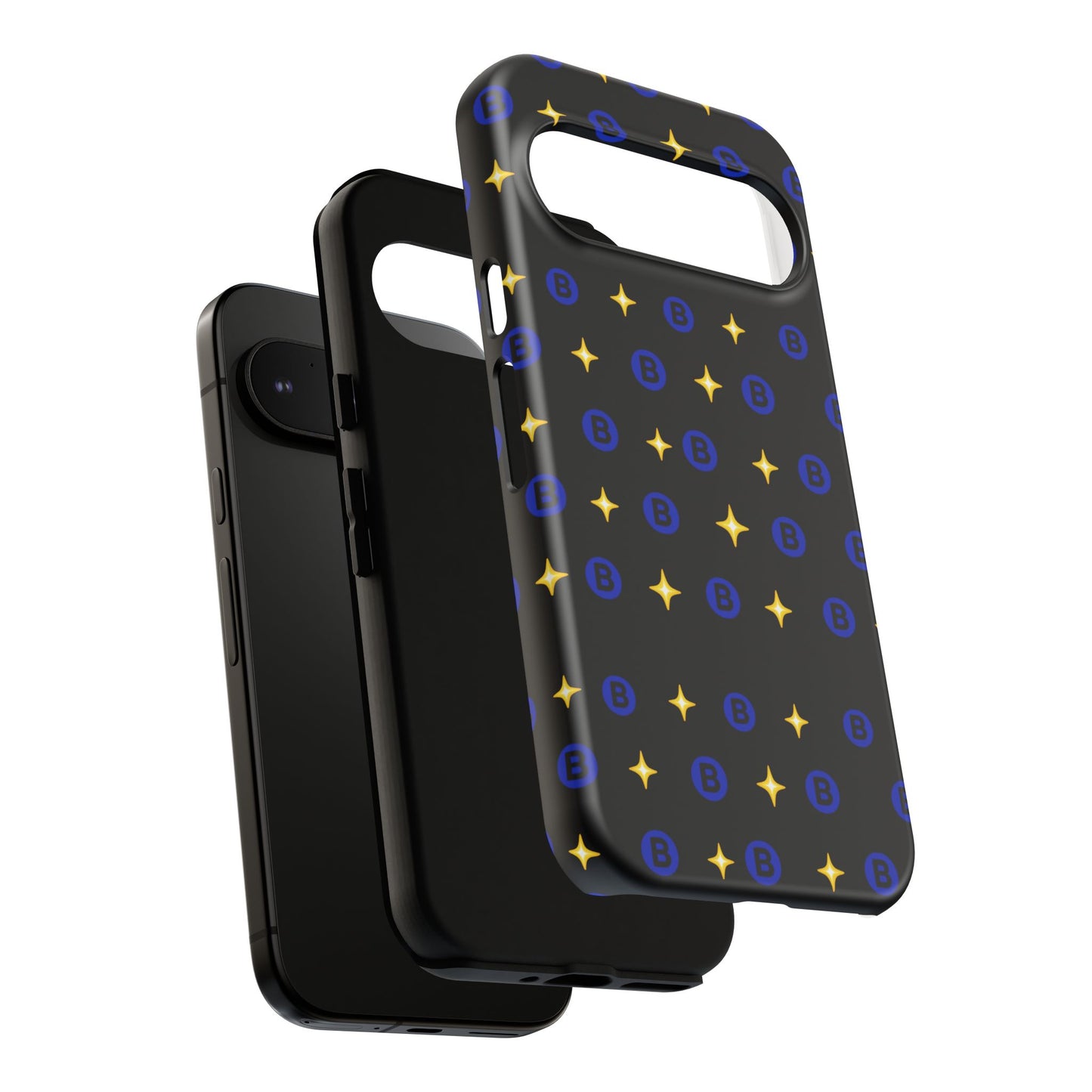 Bitcoin Pattern Tough Phone Case — Blue B Logo & Gold Stars Protective Cover