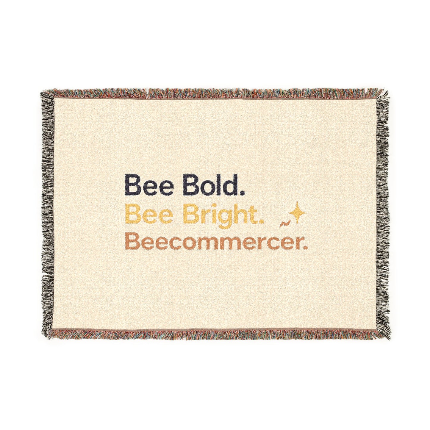 Woven Blanket — "Bee Bold. Bee Bright. Beecommcer." Motivational Fringe Throw