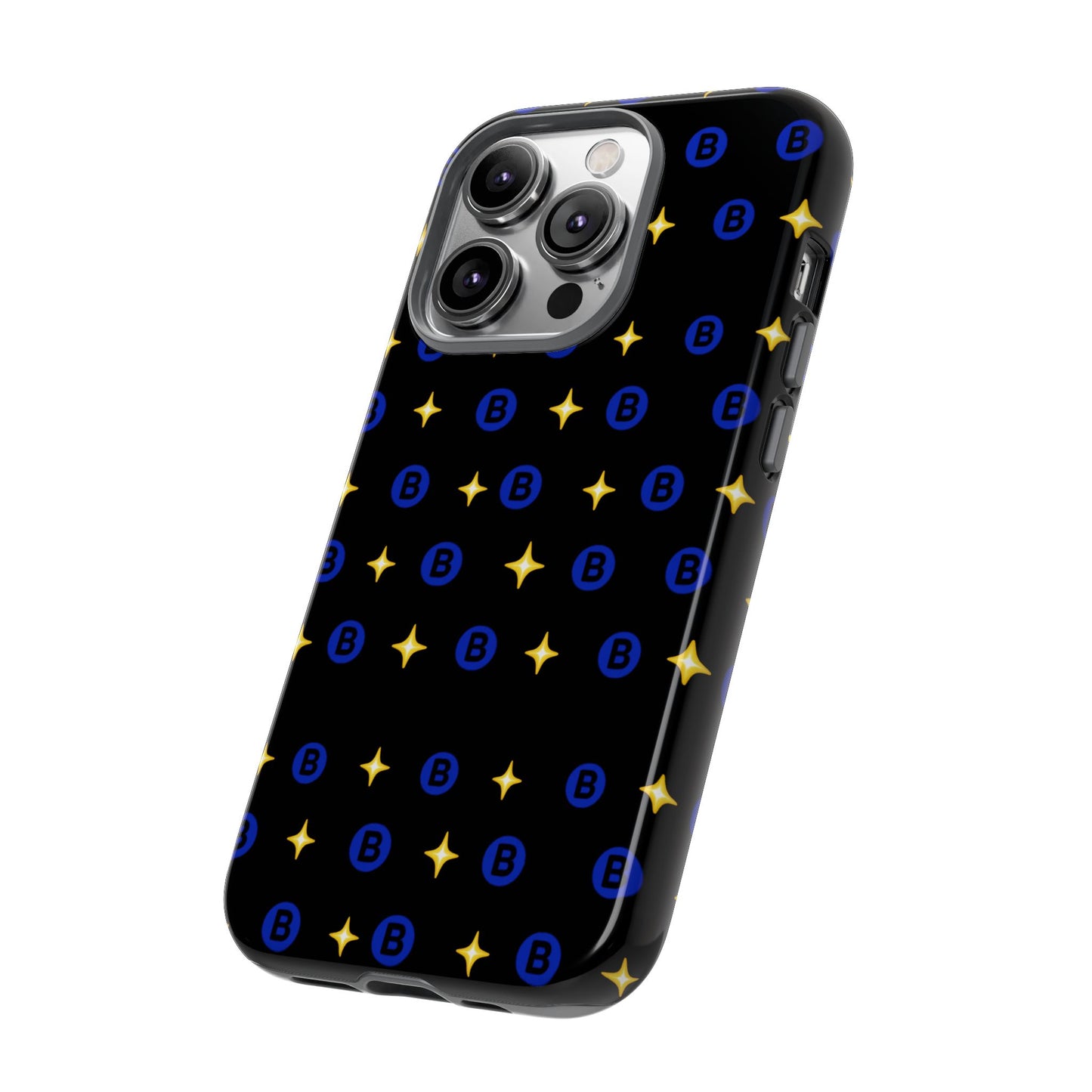 Bitcoin Pattern Tough Phone Case — Blue B Logo & Gold Stars Protective Cover