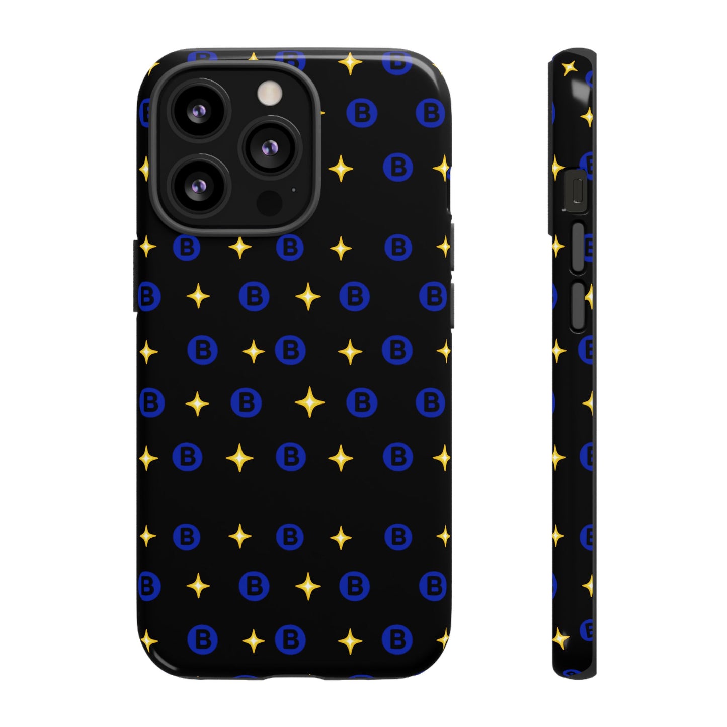 Bitcoin Pattern Tough Phone Case — Blue B Logo & Gold Stars Protective Cover