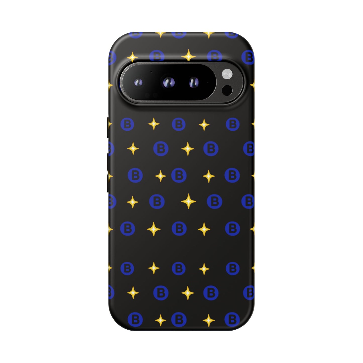 Bitcoin Pattern Tough Phone Case — Blue B Logo & Gold Stars Protective Cover