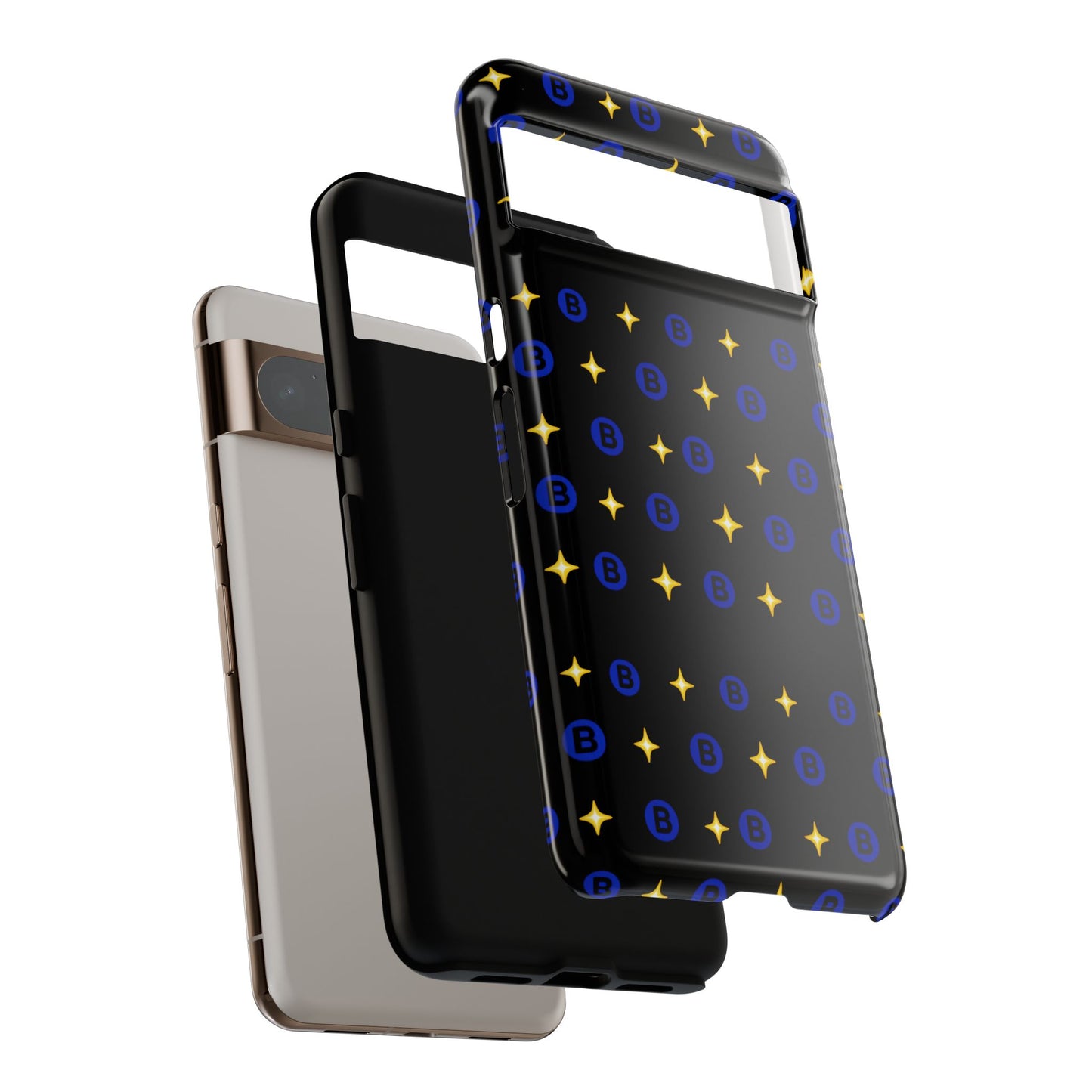 Bitcoin Pattern Tough Phone Case — Blue B Logo & Gold Stars Protective Cover