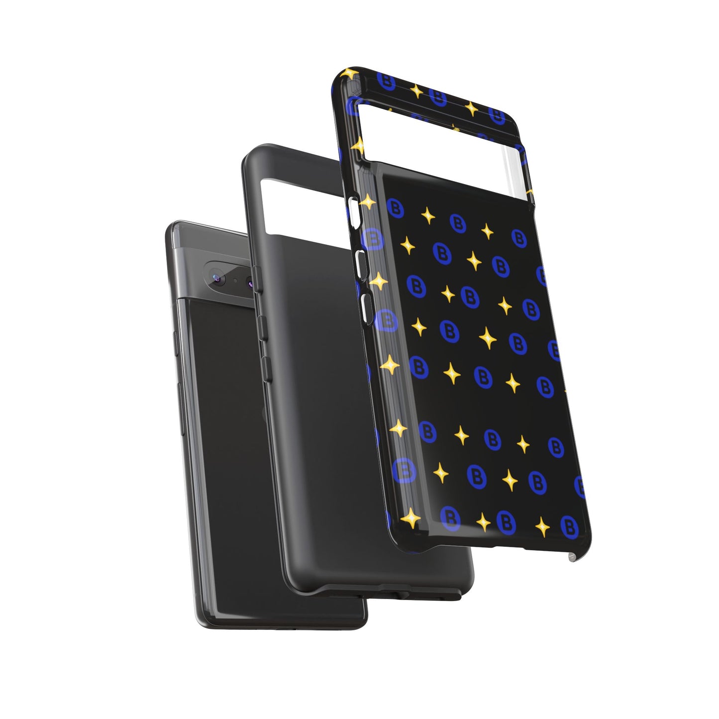 Bitcoin Pattern Tough Phone Case — Blue B Logo & Gold Stars Protective Cover