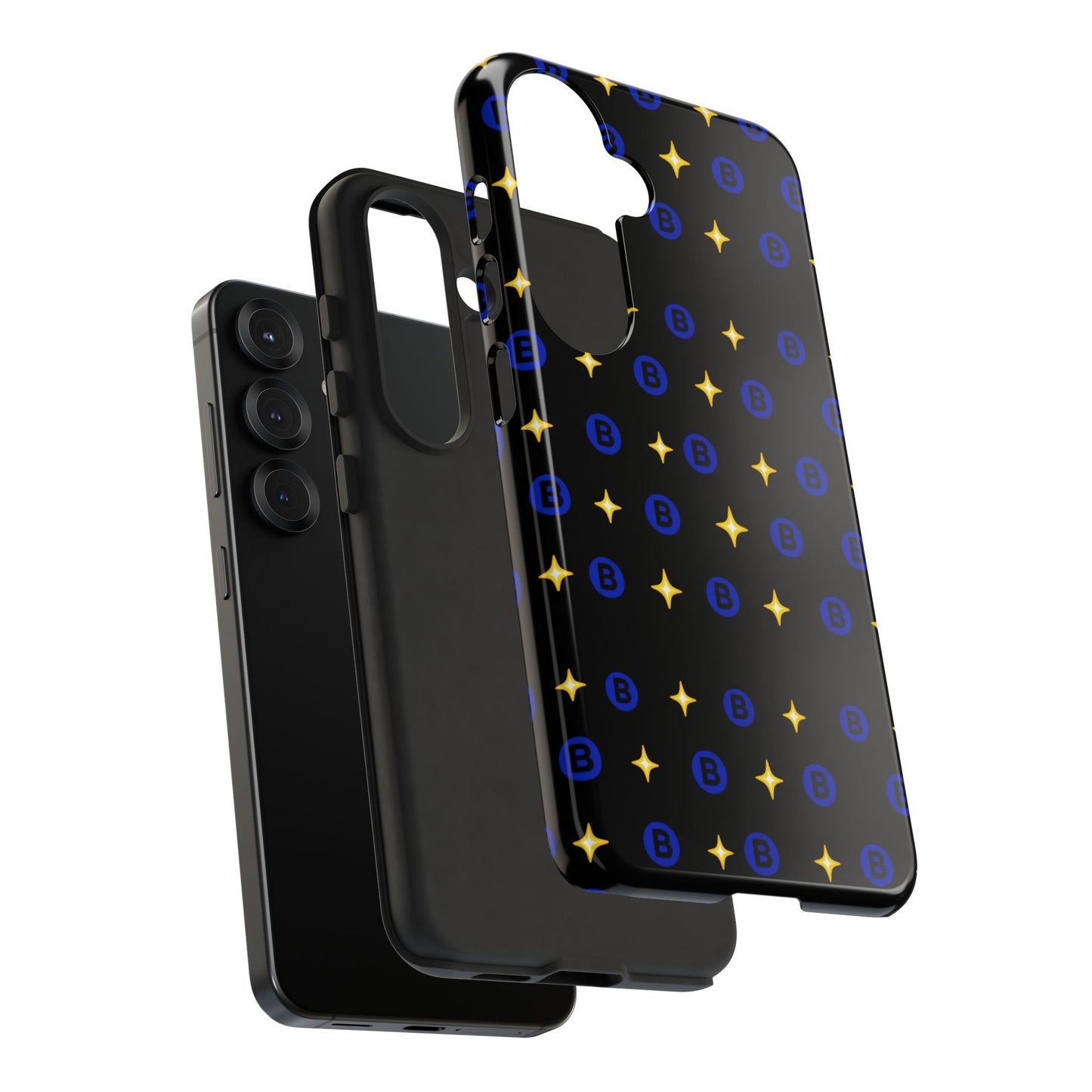 Bitcoin Pattern Tough Phone Case — Blue B Logo & Gold Stars Protective Cover
