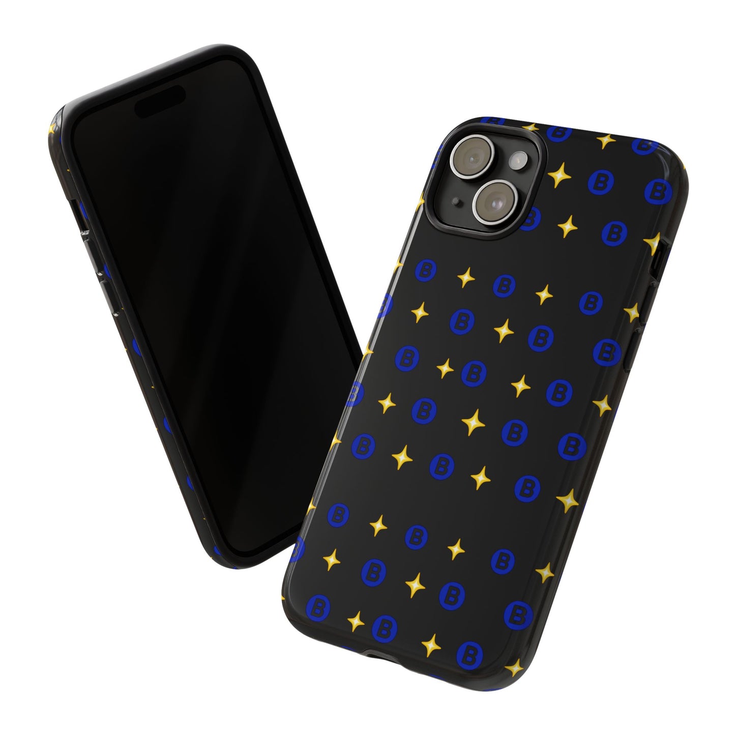 Bitcoin Pattern Tough Phone Case — Blue B Logo & Gold Stars Protective Cover