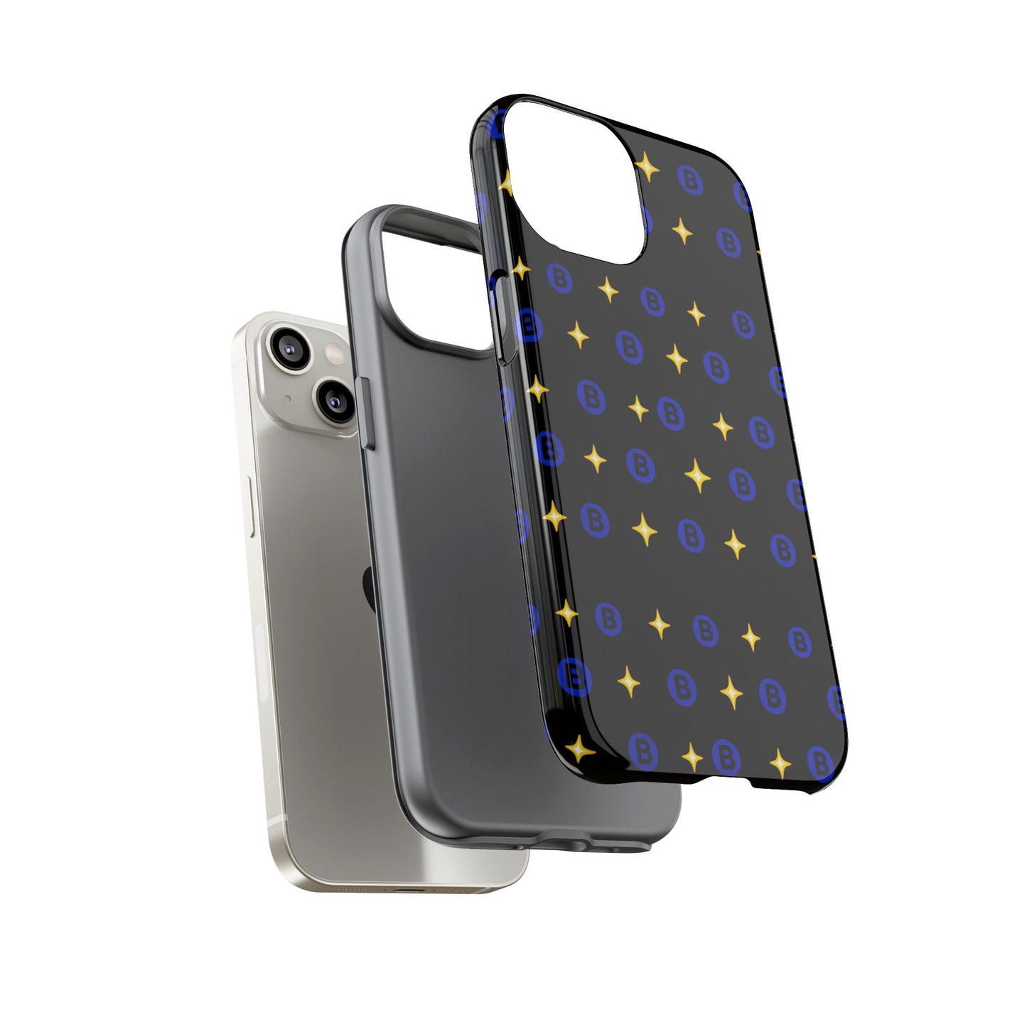 Bitcoin Pattern Tough Phone Case — Blue B Logo & Gold Stars Protective Cover