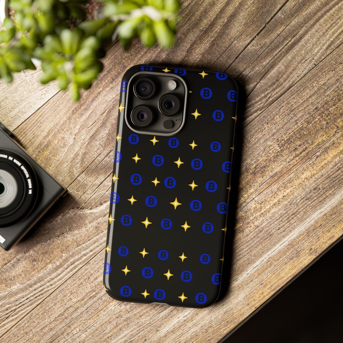 Bitcoin Pattern Tough Phone Case — Blue B Logo & Gold Stars Protective Cover