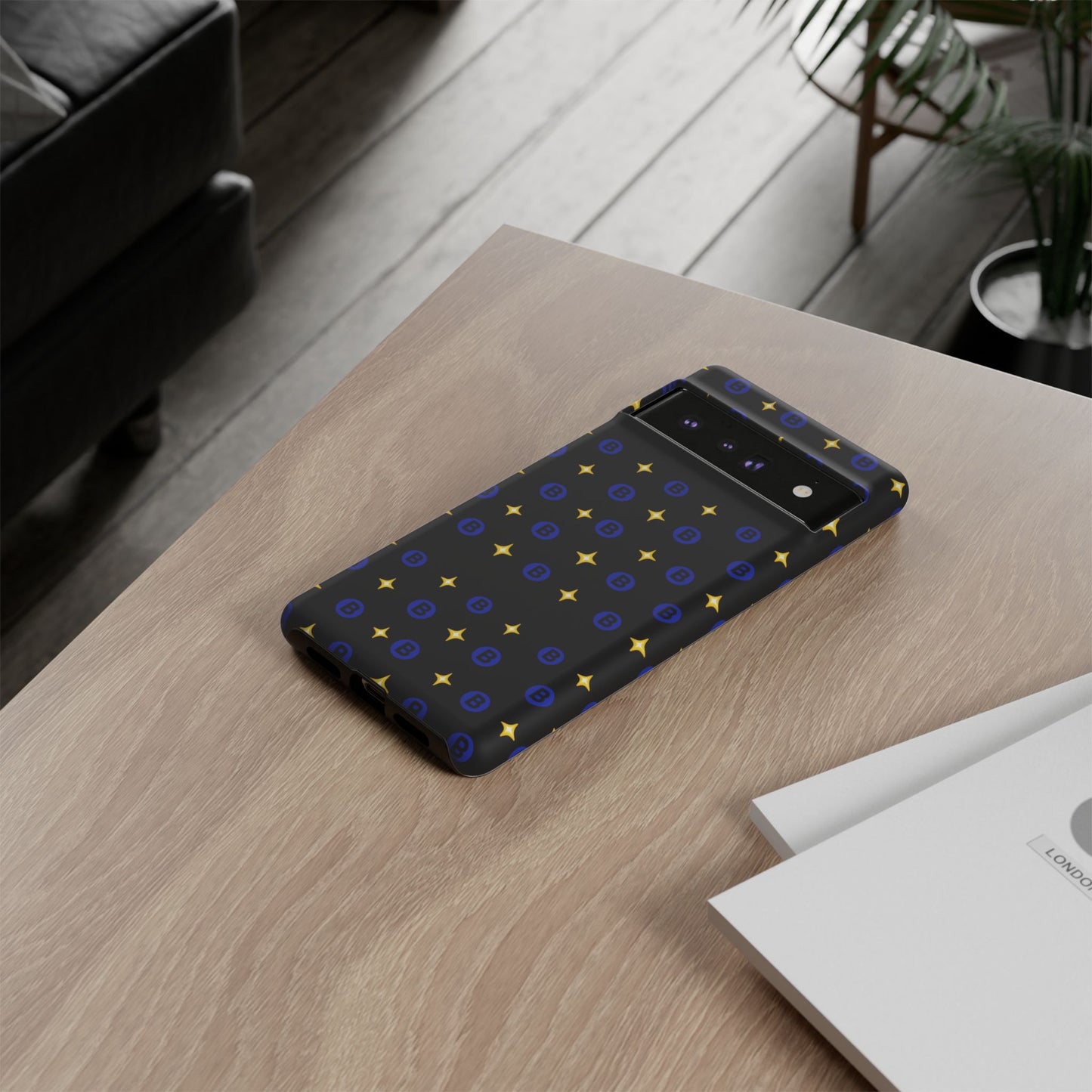 Bitcoin Pattern Tough Phone Case — Blue B Logo & Gold Stars Protective Cover