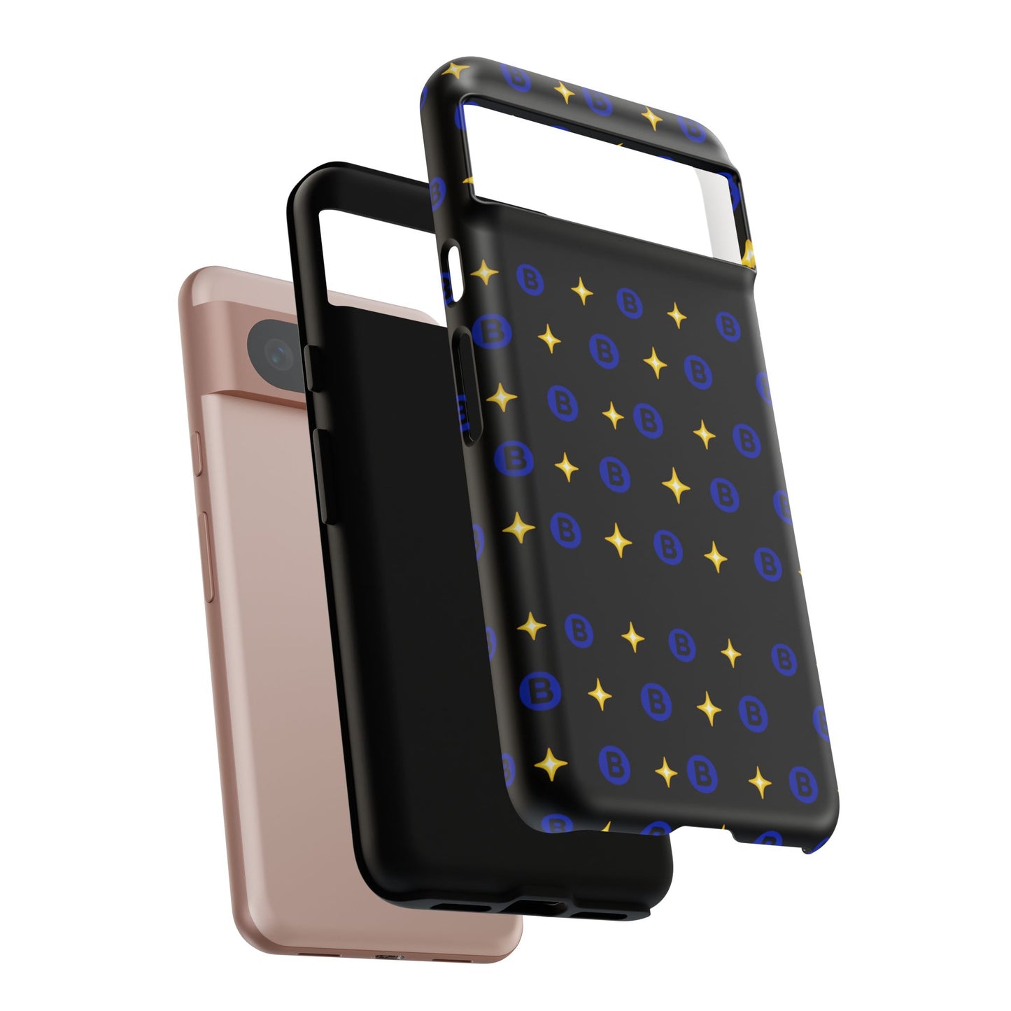 Bitcoin Pattern Tough Phone Case — Blue B Logo & Gold Stars Protective Cover
