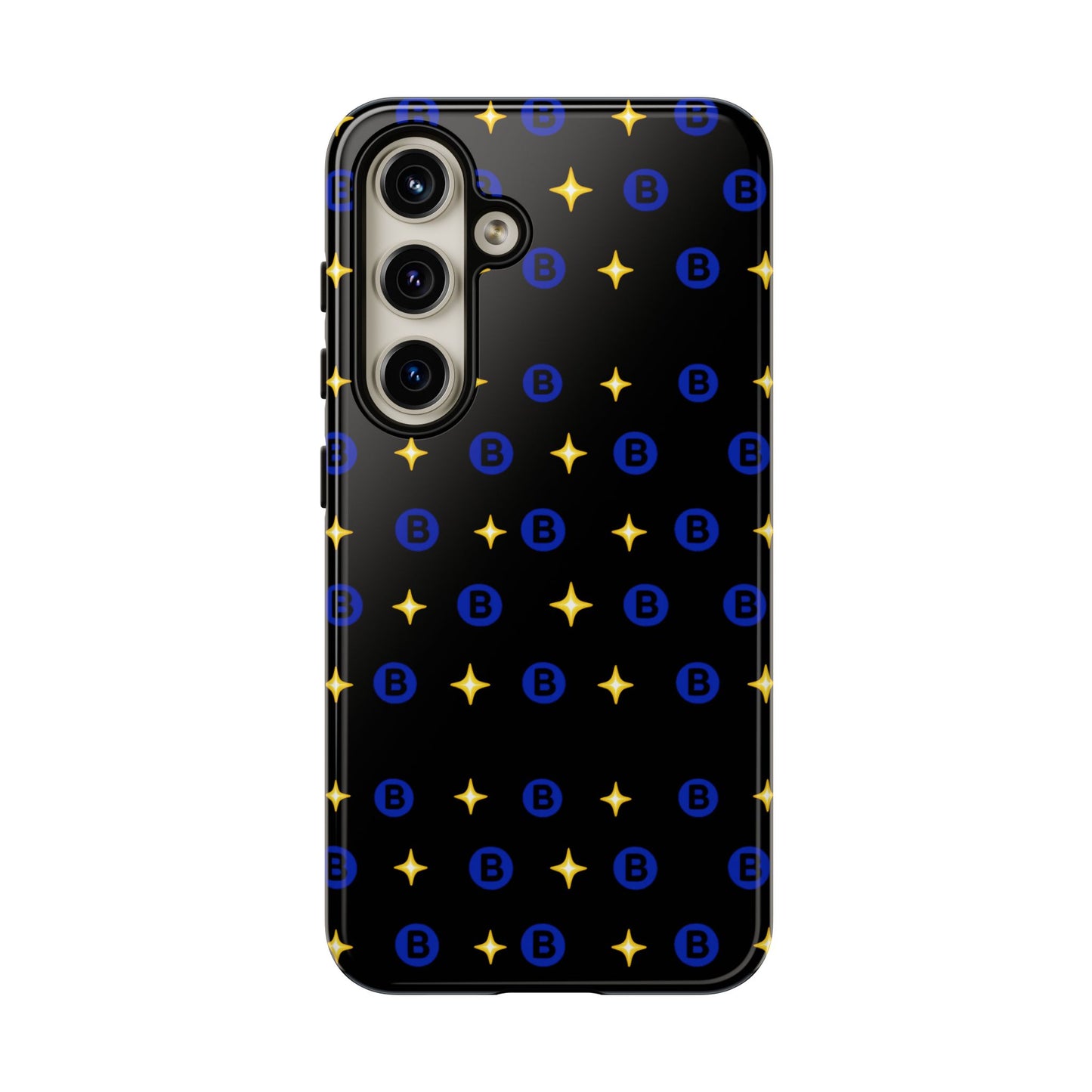 Bitcoin Pattern Tough Phone Case — Blue B Logo & Gold Stars Protective Cover