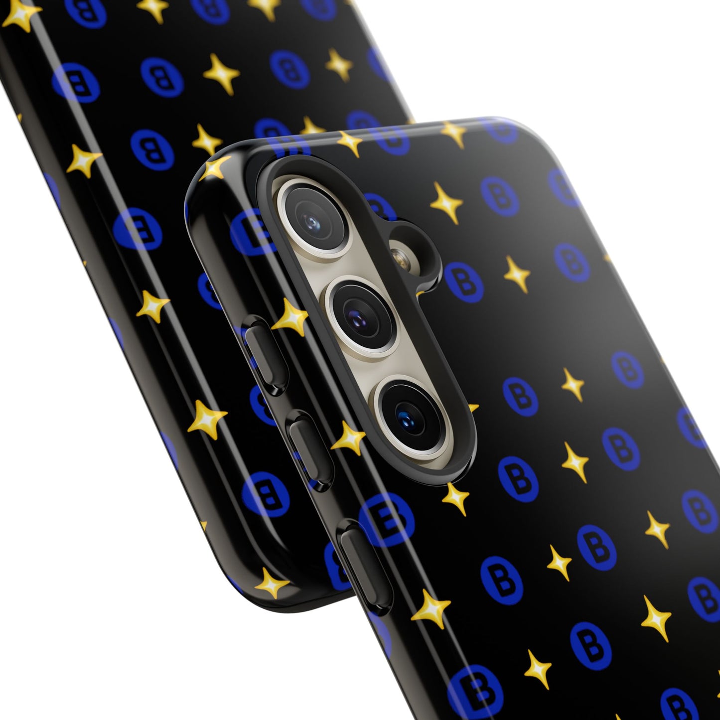 Bitcoin Pattern Tough Phone Case — Blue B Logo & Gold Stars Protective Cover