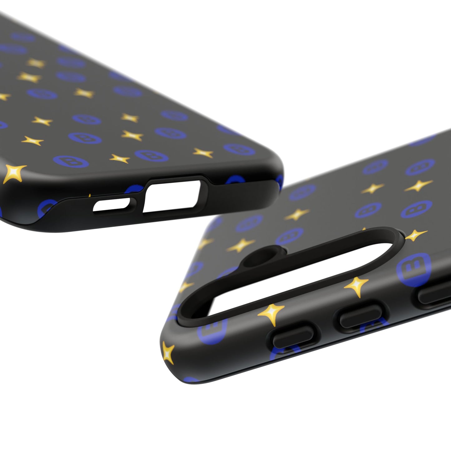 Bitcoin Pattern Tough Phone Case — Blue B Logo & Gold Stars Protective Cover