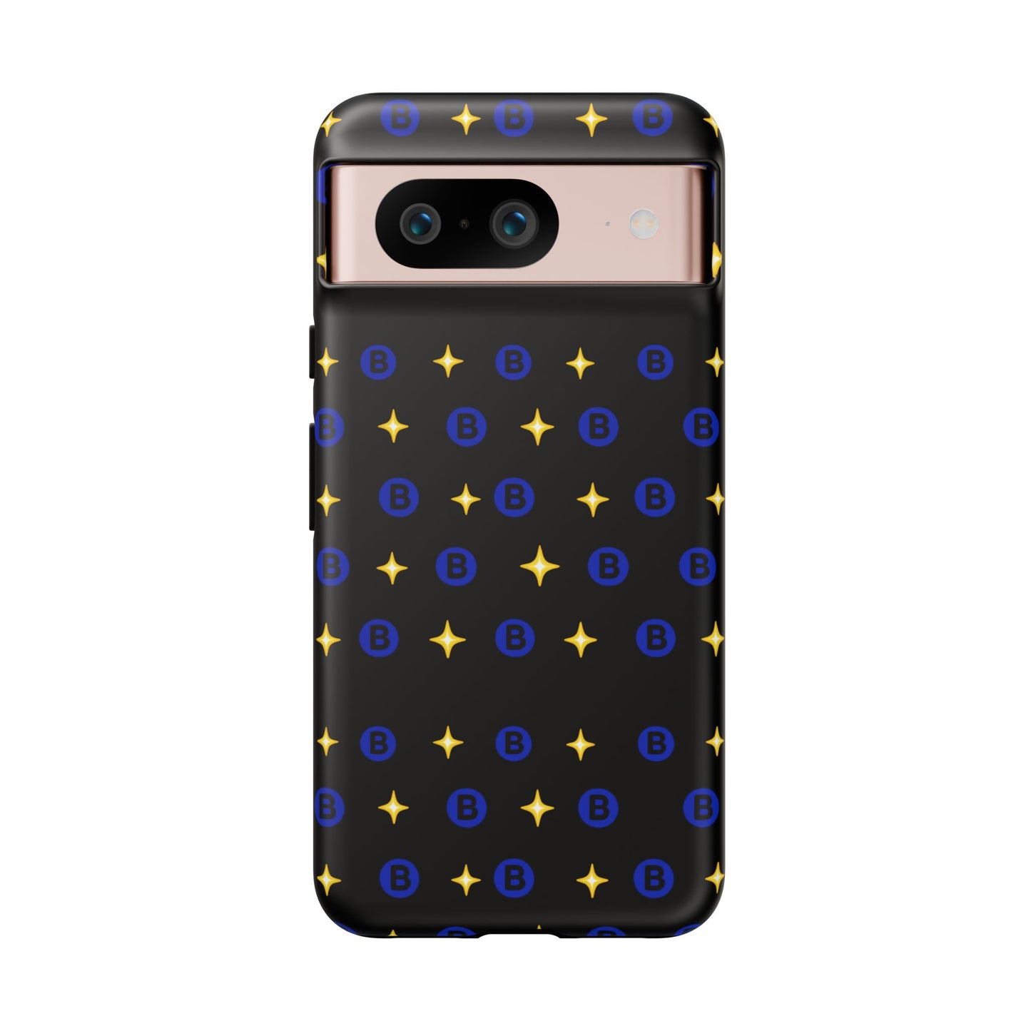 Bitcoin Pattern Tough Phone Case — Blue B Logo & Gold Stars Protective Cover