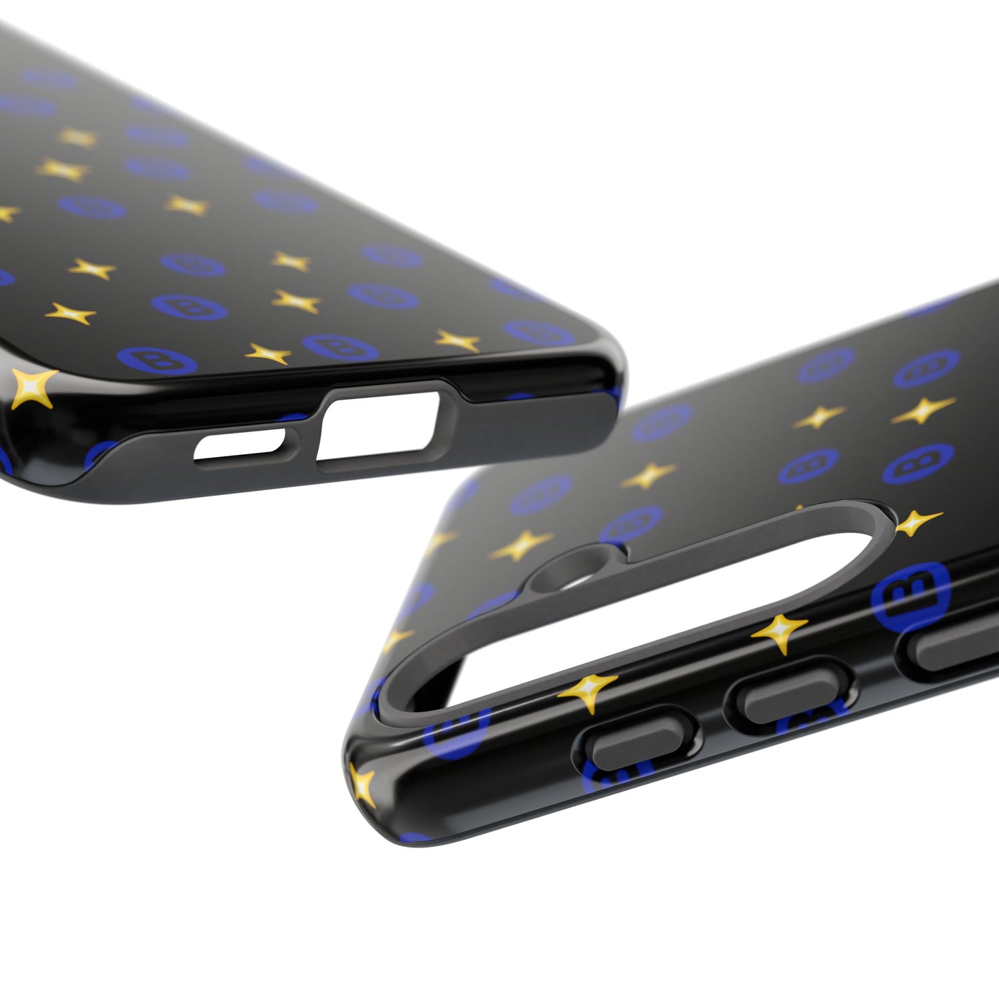 Bitcoin Pattern Tough Phone Case — Blue B Logo & Gold Stars Protective Cover